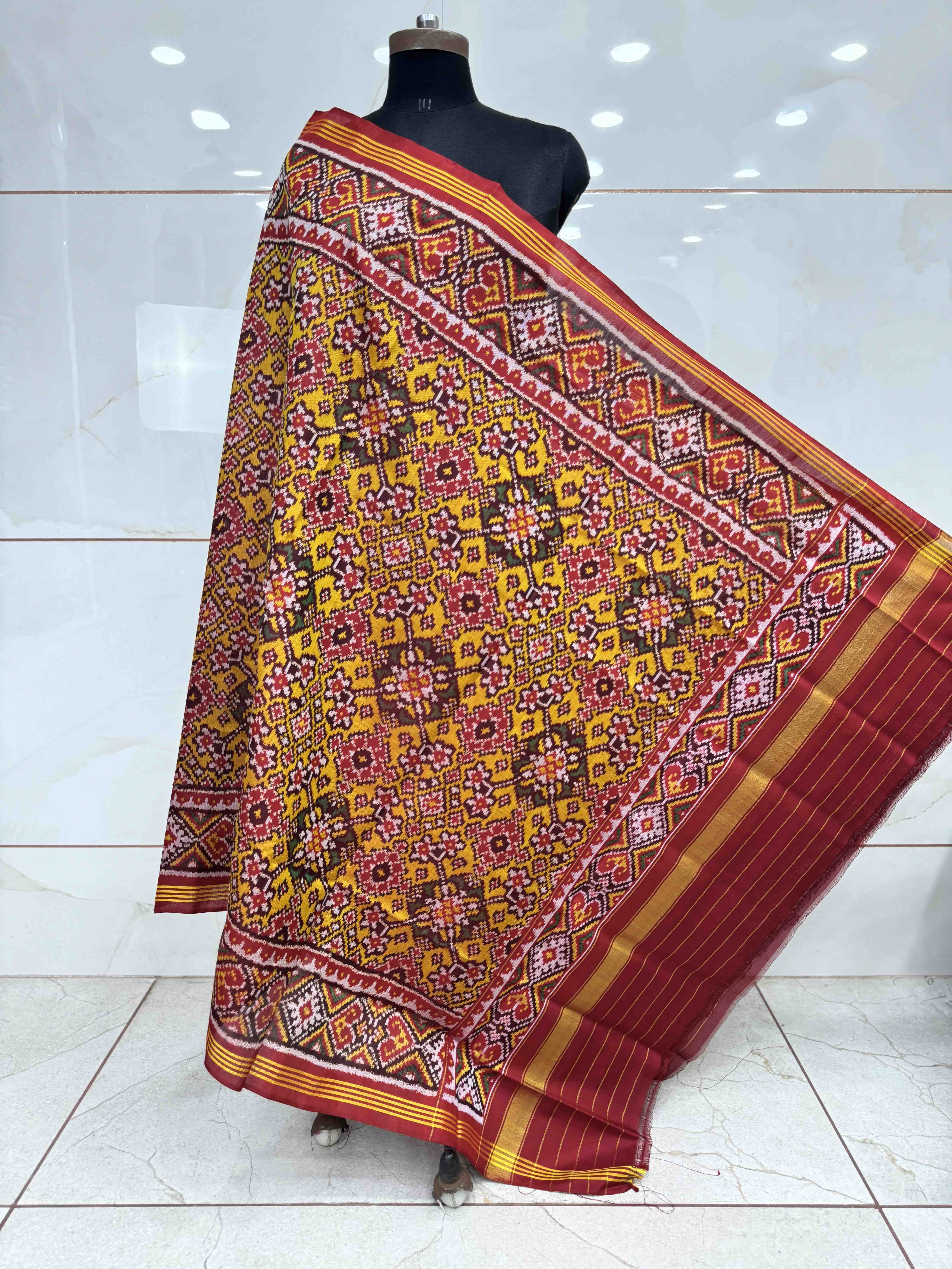 Red & Yellow Navratan Semi Double Ikat Patola Dupatta