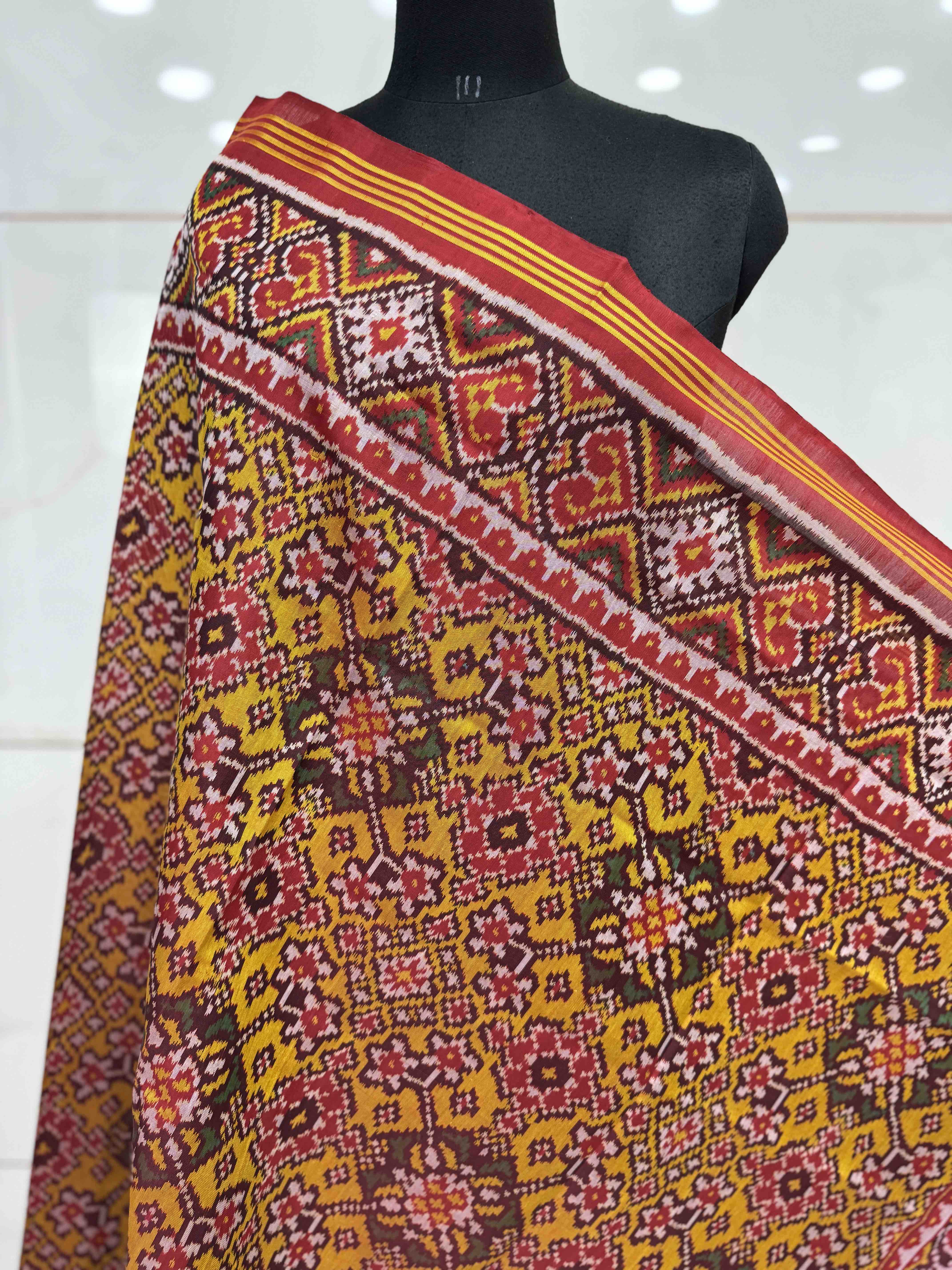 Red & Yellow Navratan Semi Double Ikat Patola Dupatta