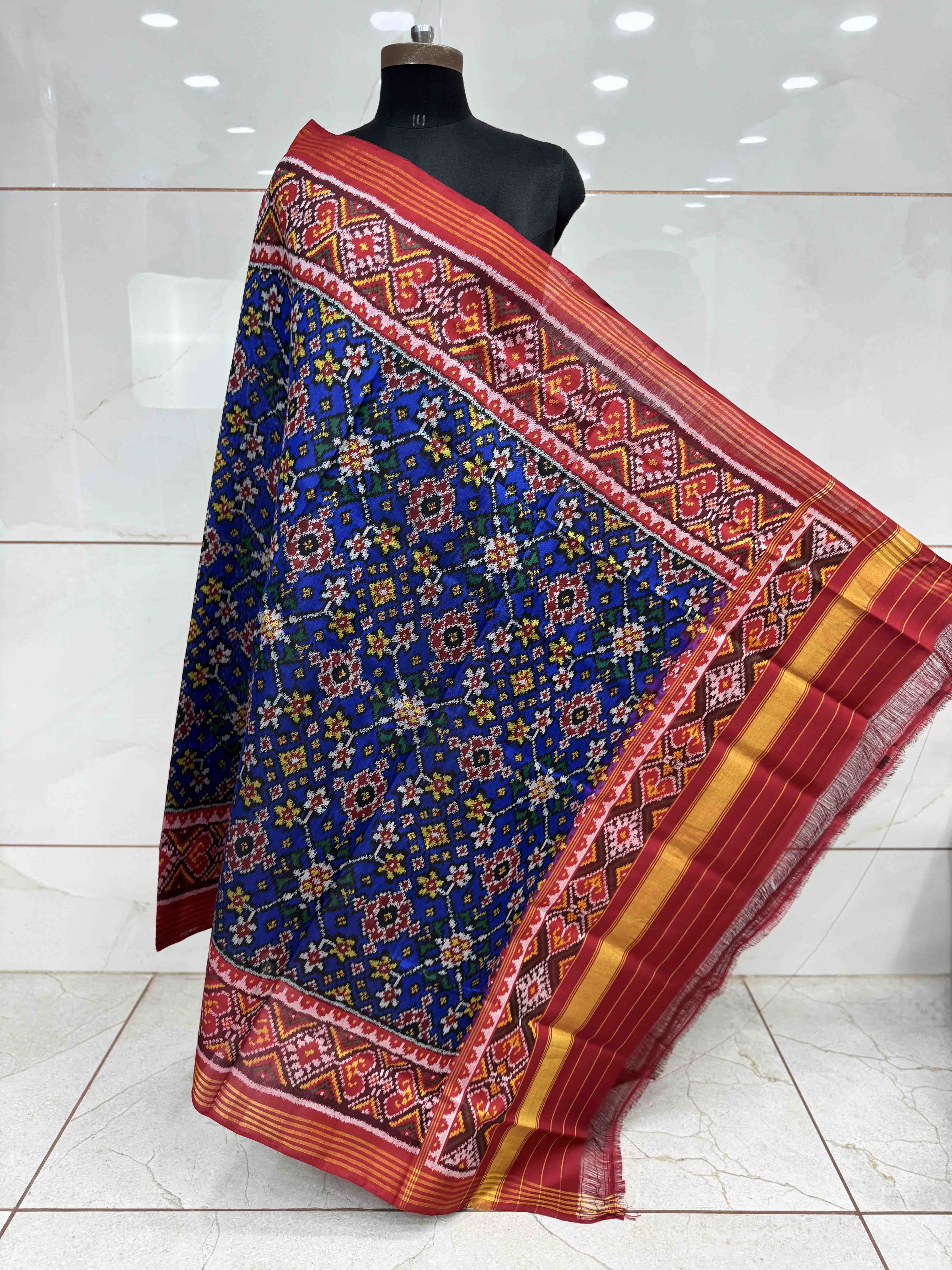 Red & Blue Navratan Semi Double Ikat Patola Dupatta