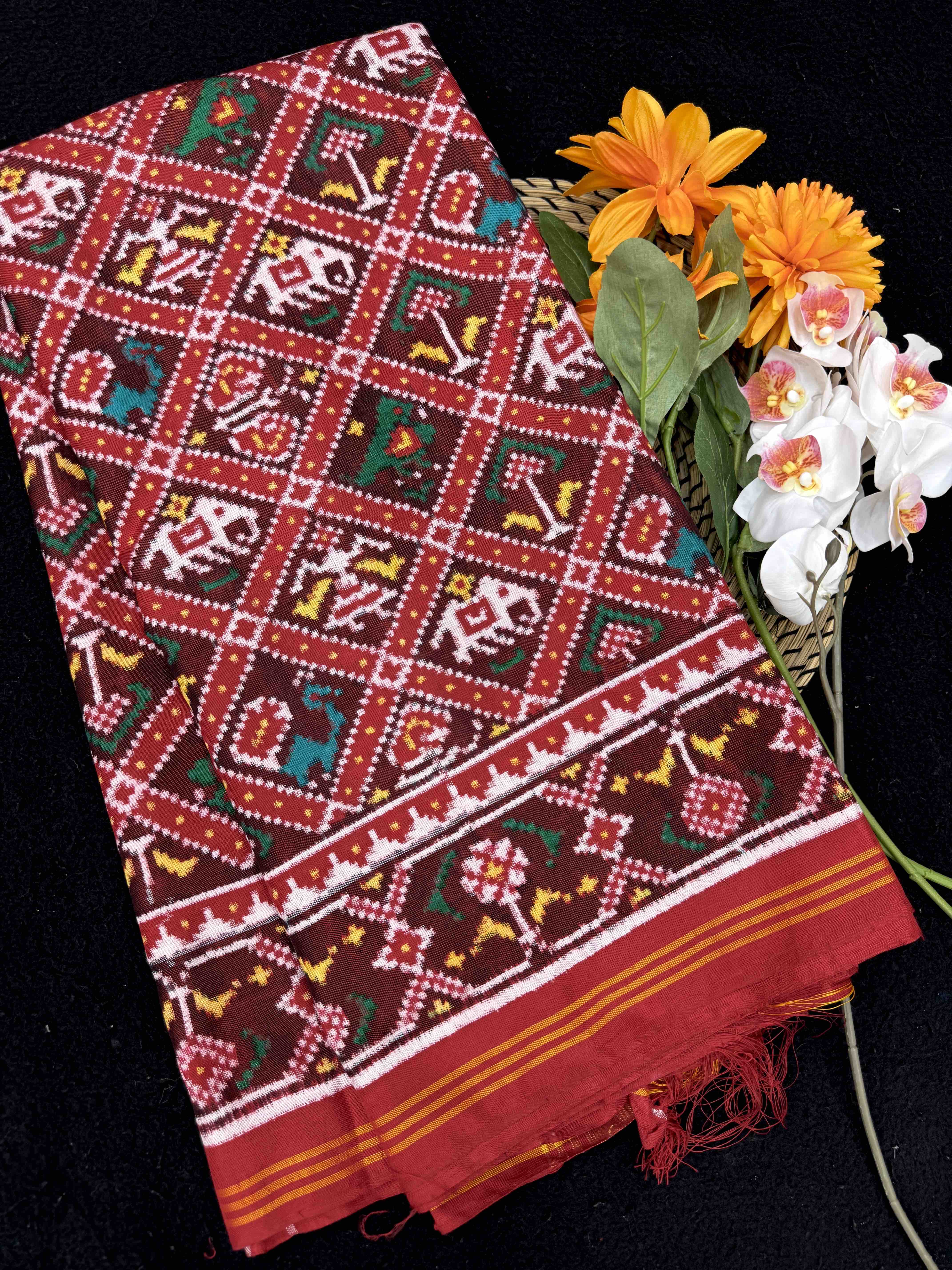 Red & Maroon Small Narikunj Double Ikat Patan Patola Saree