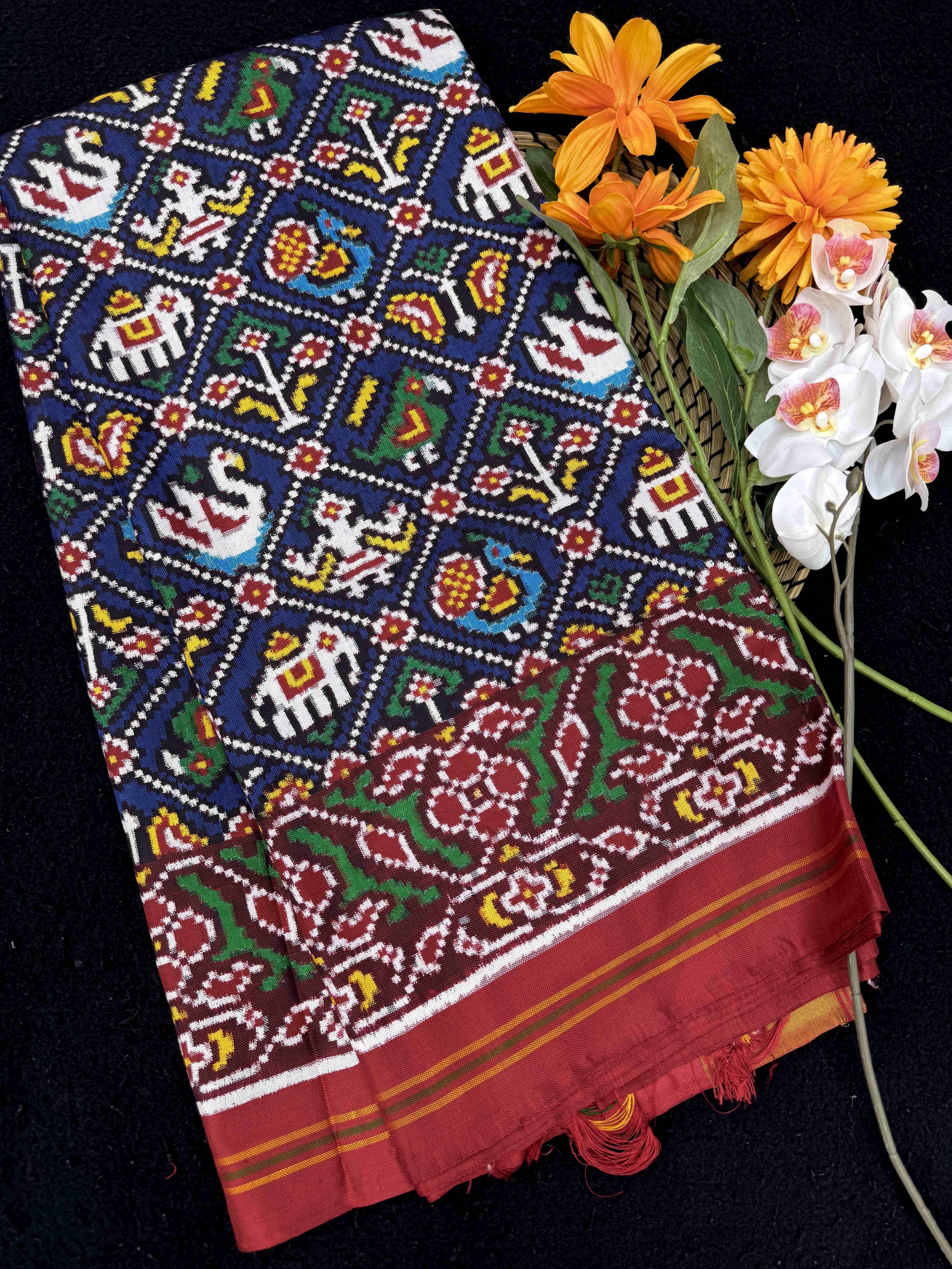 Red & Blue Small Narikunj Double Ikat Patan Patola Saree