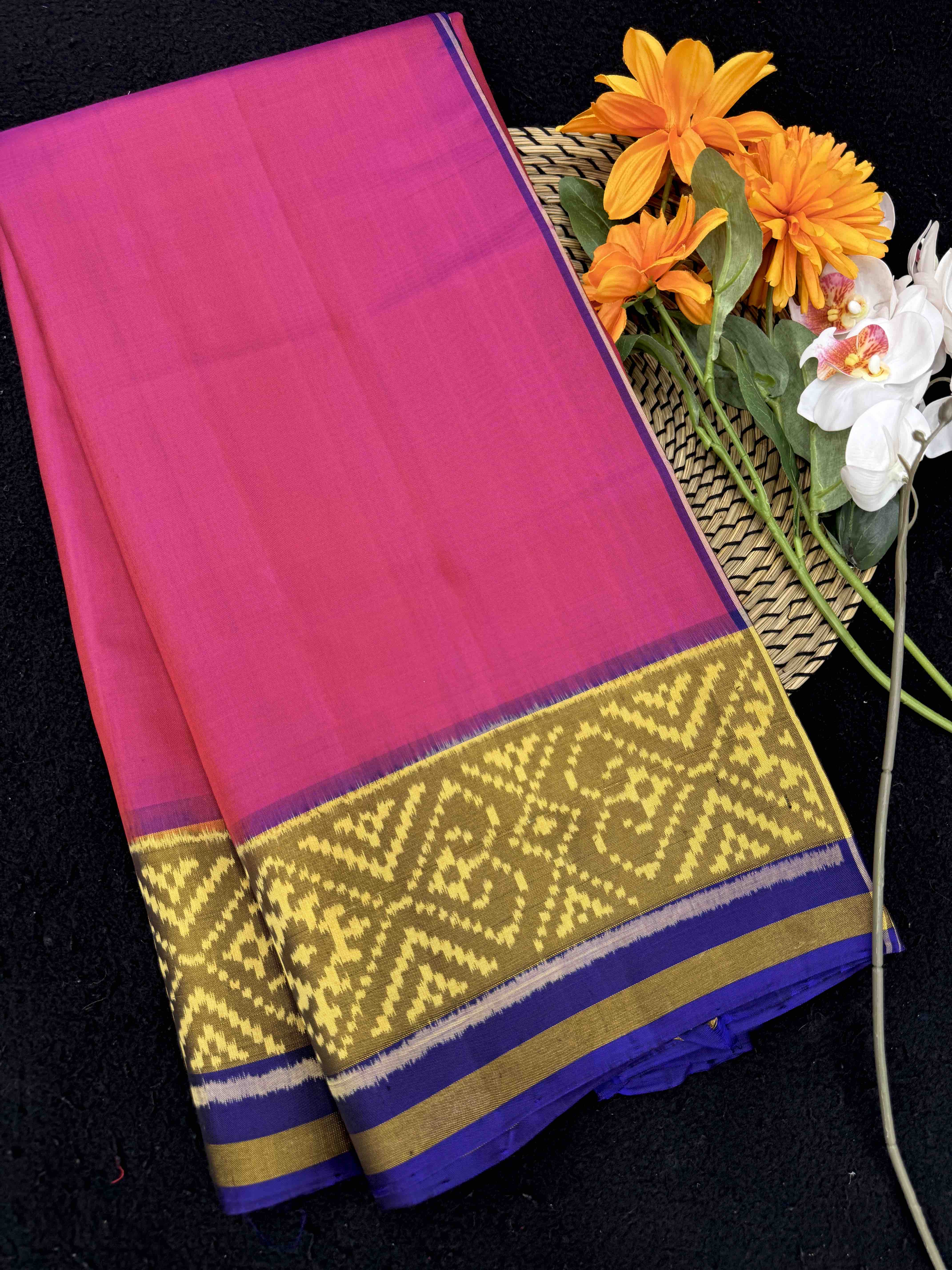 Blue & Pink Plain Patola Saree
