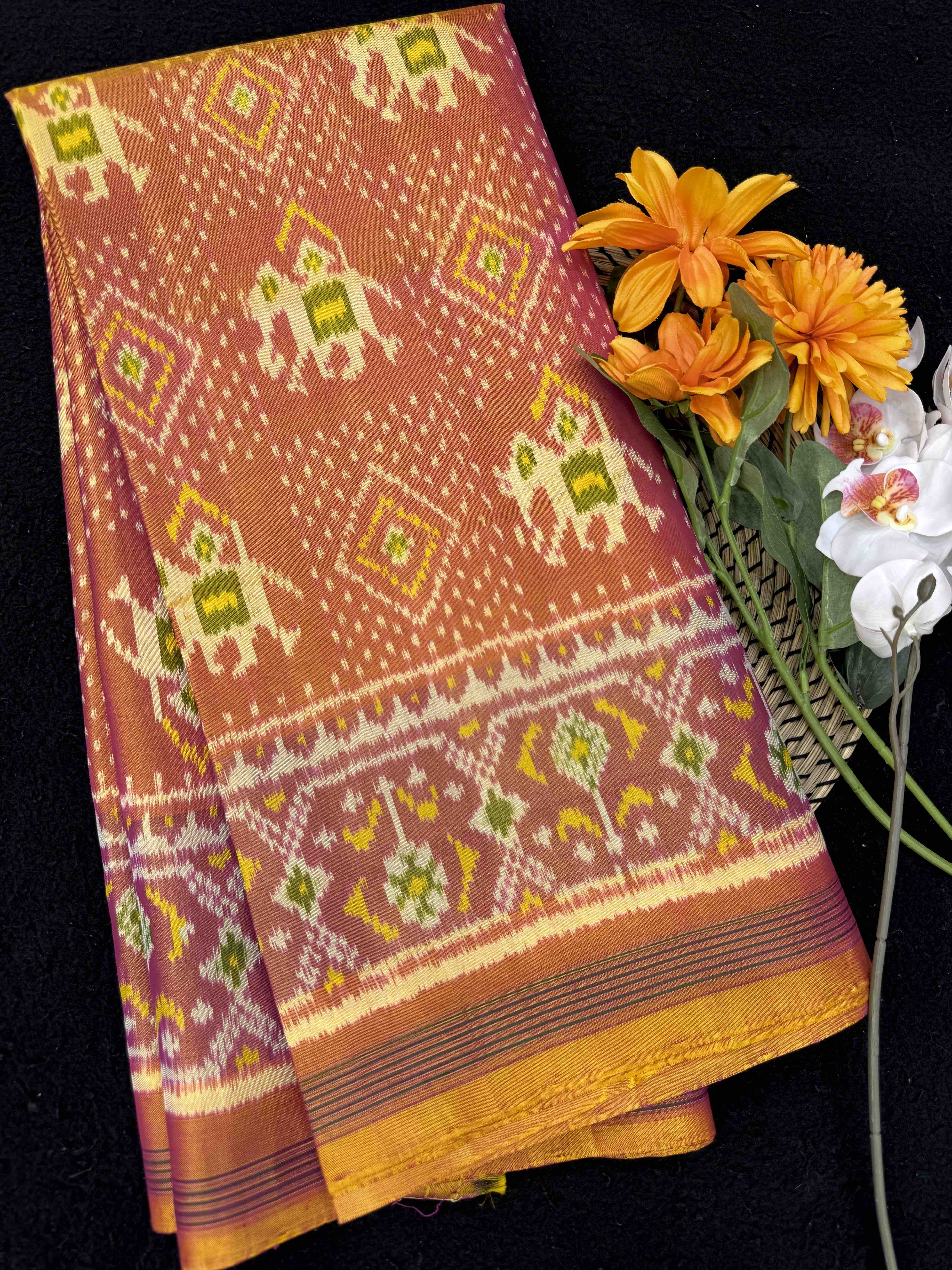 Peach Elephant Figure With Panchanda Patola Saree