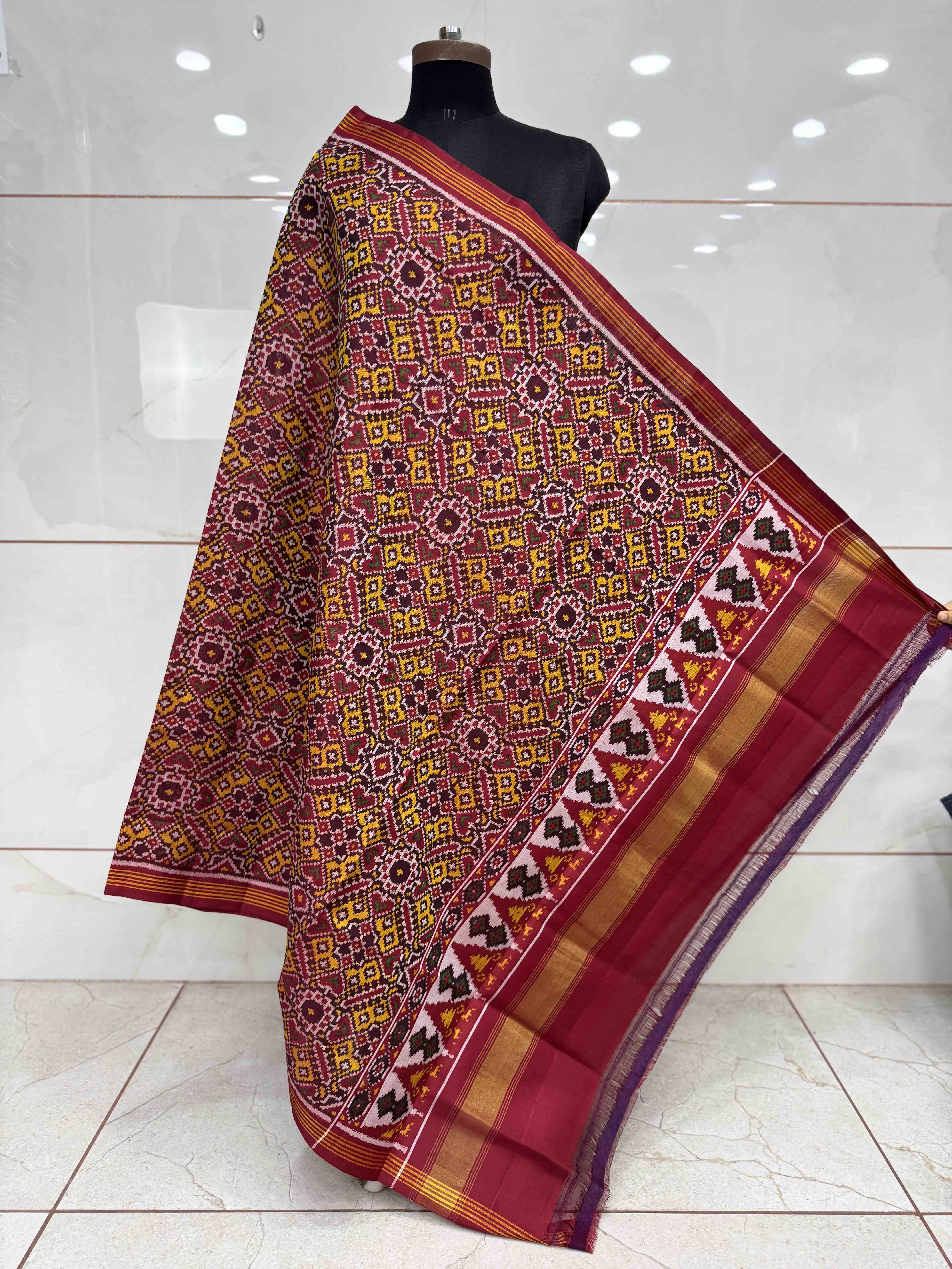 Red & Yellow Manekchowk Semi Double Ikat Patola Dupatta