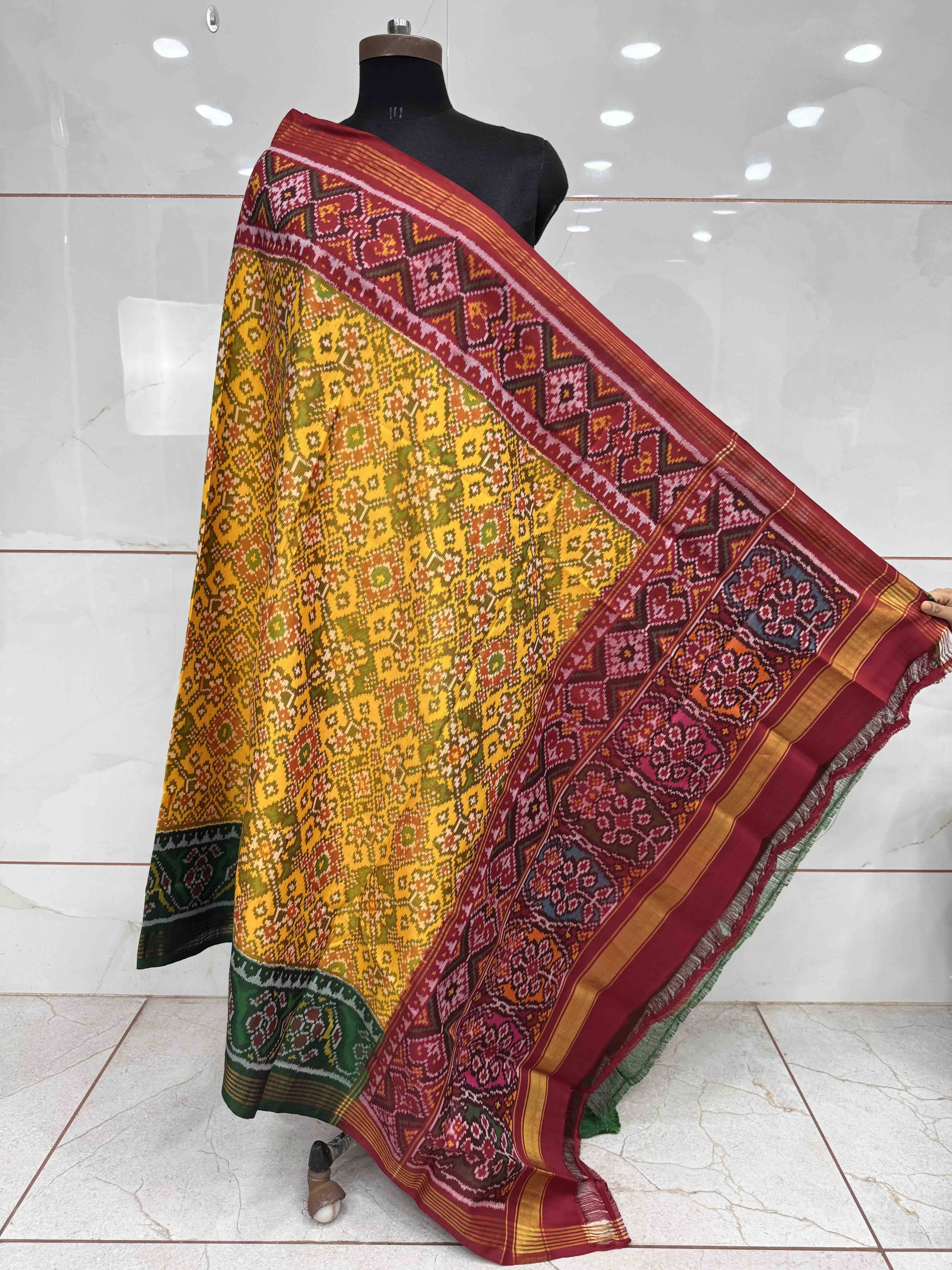 Yellow Ganga Jamuna Navratan with Multicolor Pallu Semi Double Ikat Patola Dupatta