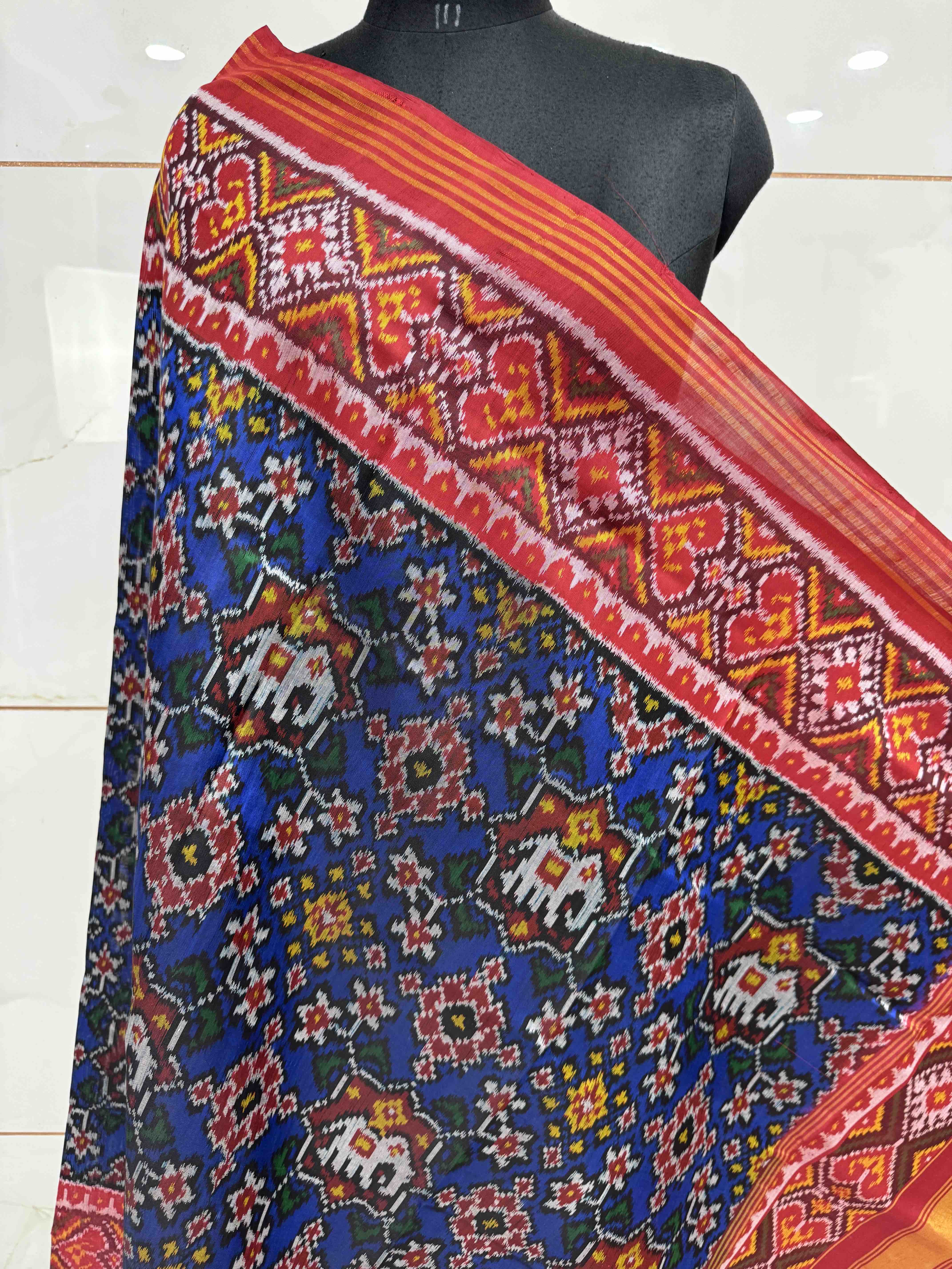 Red & Blue Navratan with Elephant Figure Semi Double Ikat Patola Dupatta