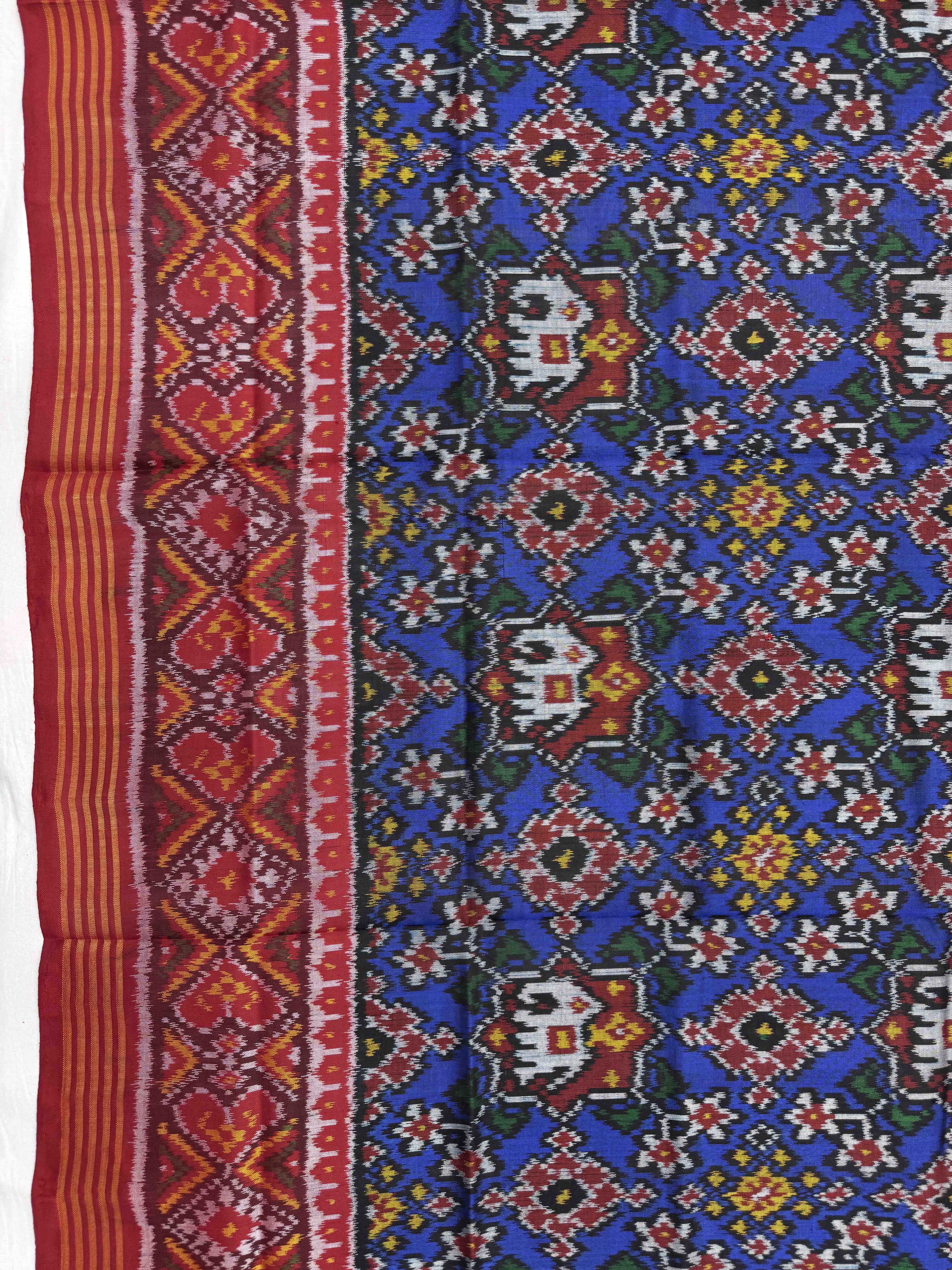 Red & Blue Navratan with Elephant Figure Semi Double Ikat Patola Dupatta