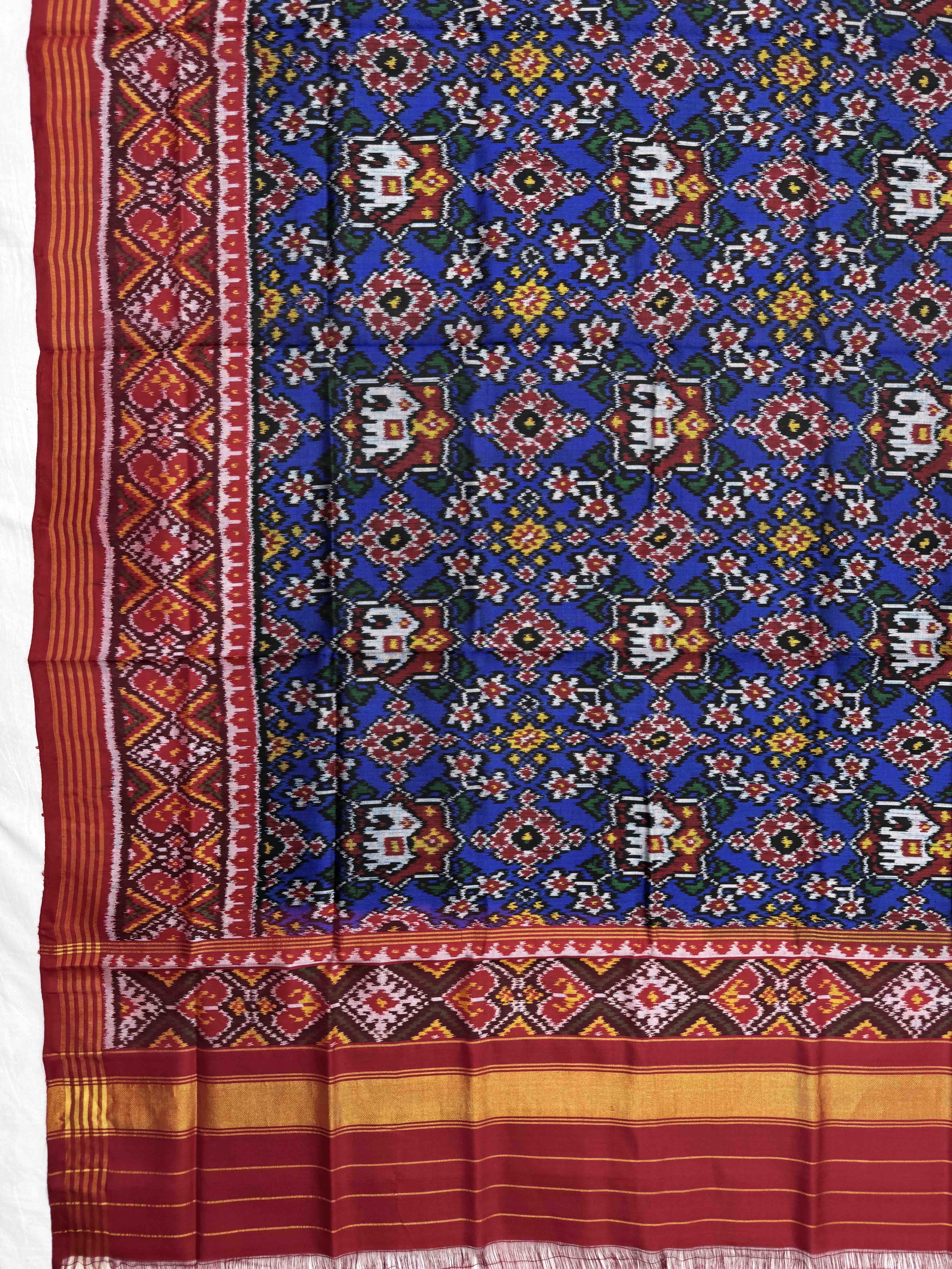 Red & Blue Navratan with Elephant Figure Semi Double Ikat Patola Dupatta