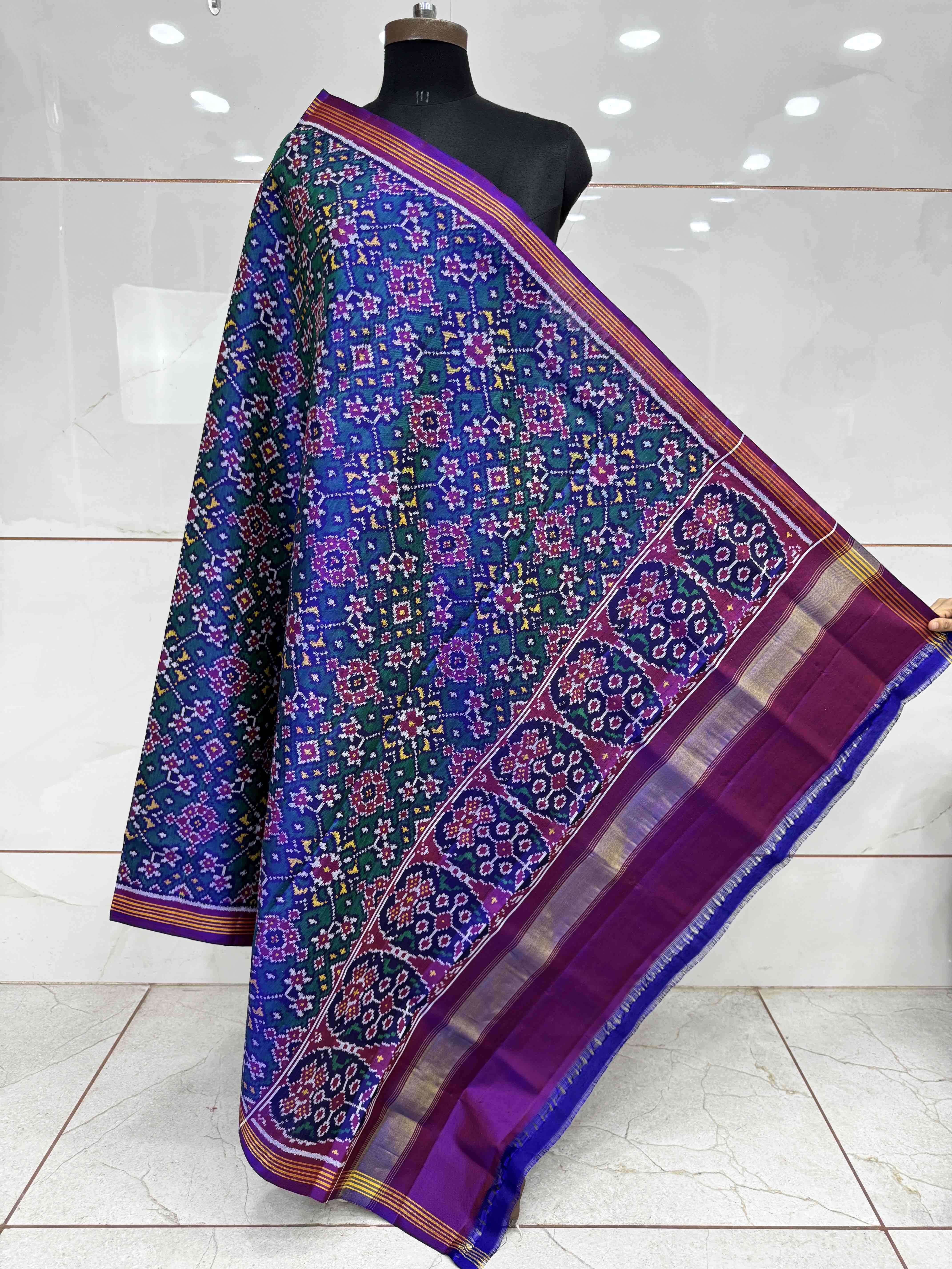 Purple & Peacock Green Navratan Semi Double Ikat Patola Dupatta