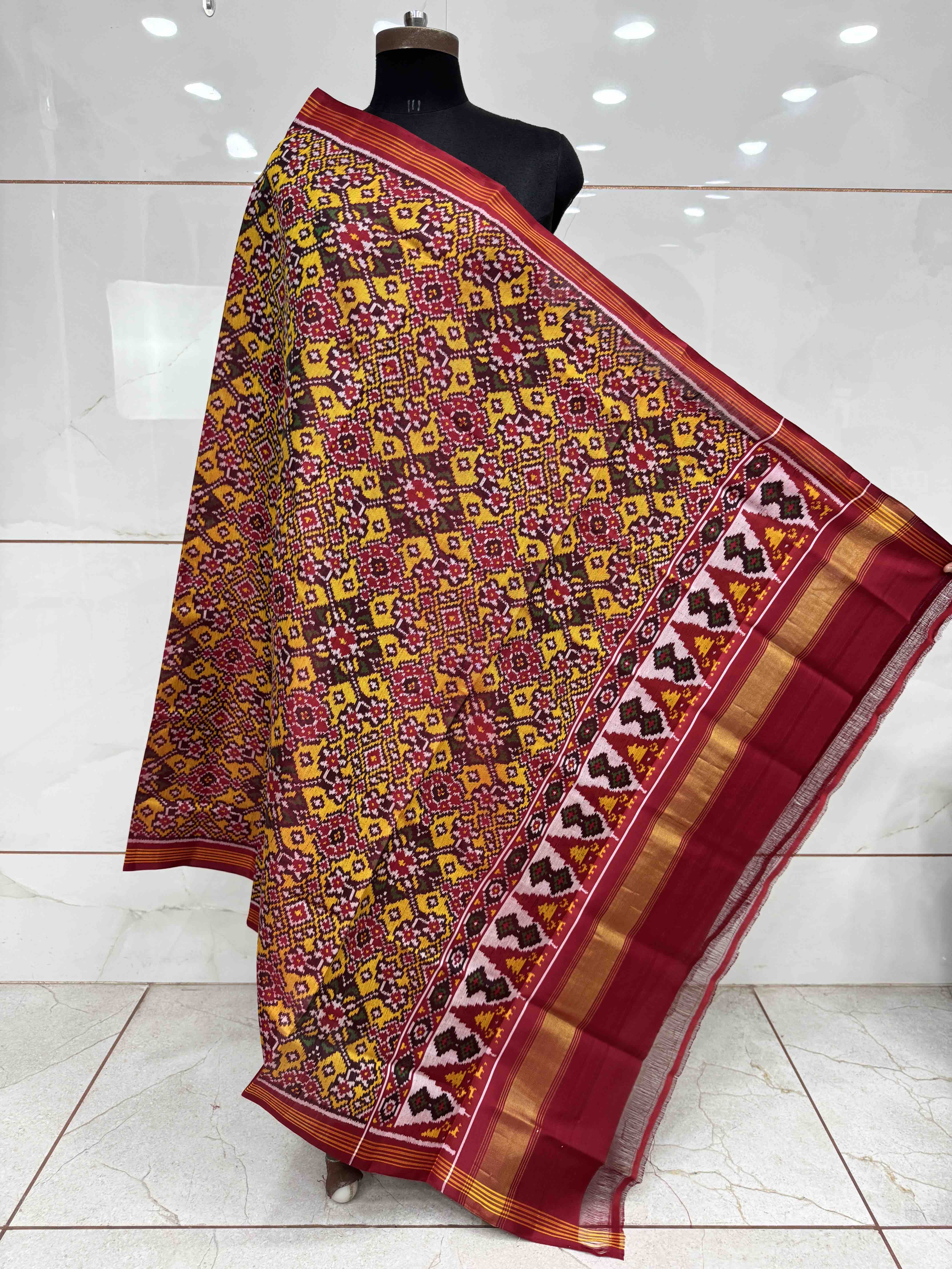 Red & Yellow Navratan Semi Doulble Ikat Patola Dupatta