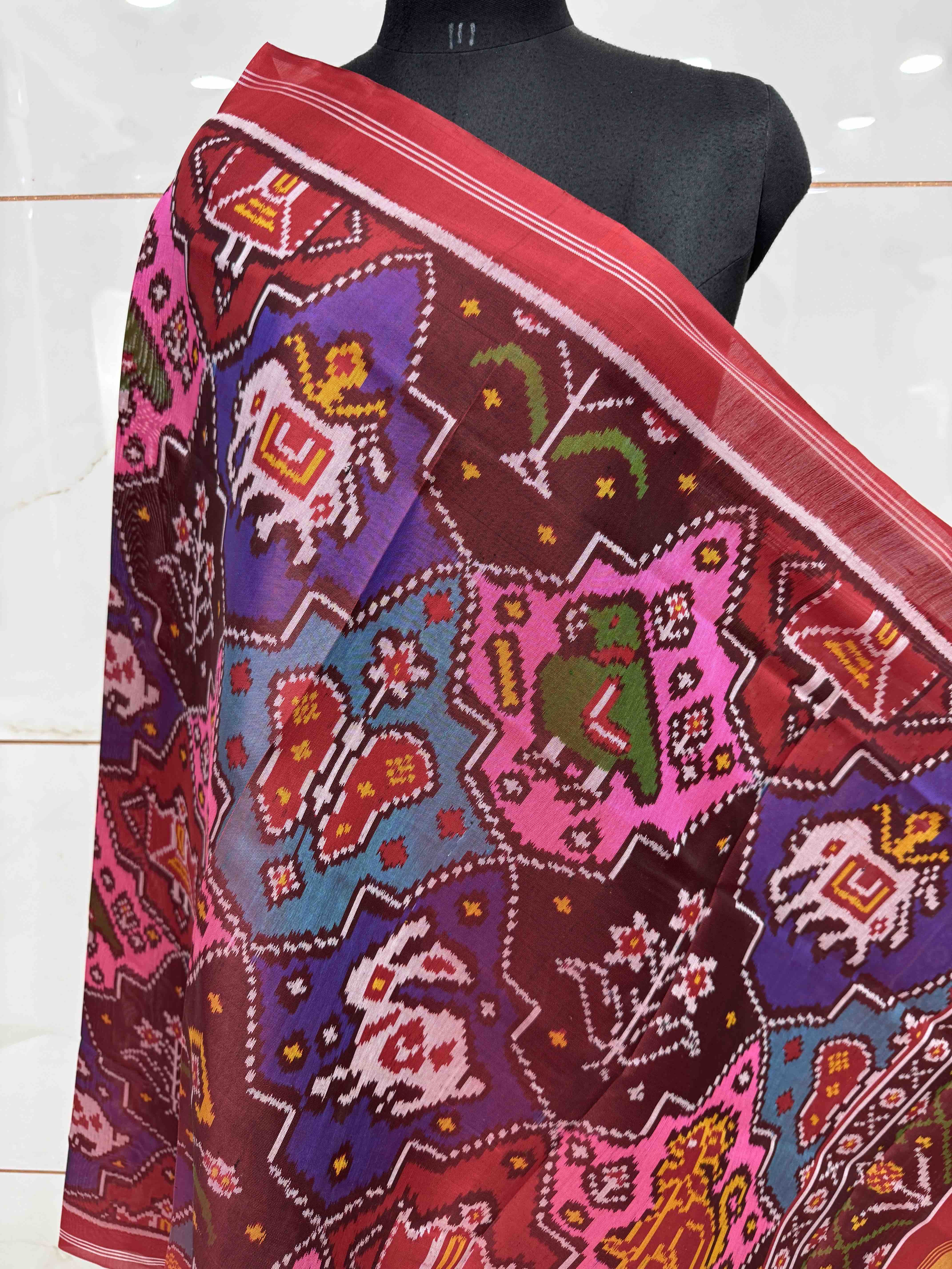 Red & Multicolor Fancy Narikunj Semi Double Ikat Patola Dupatta