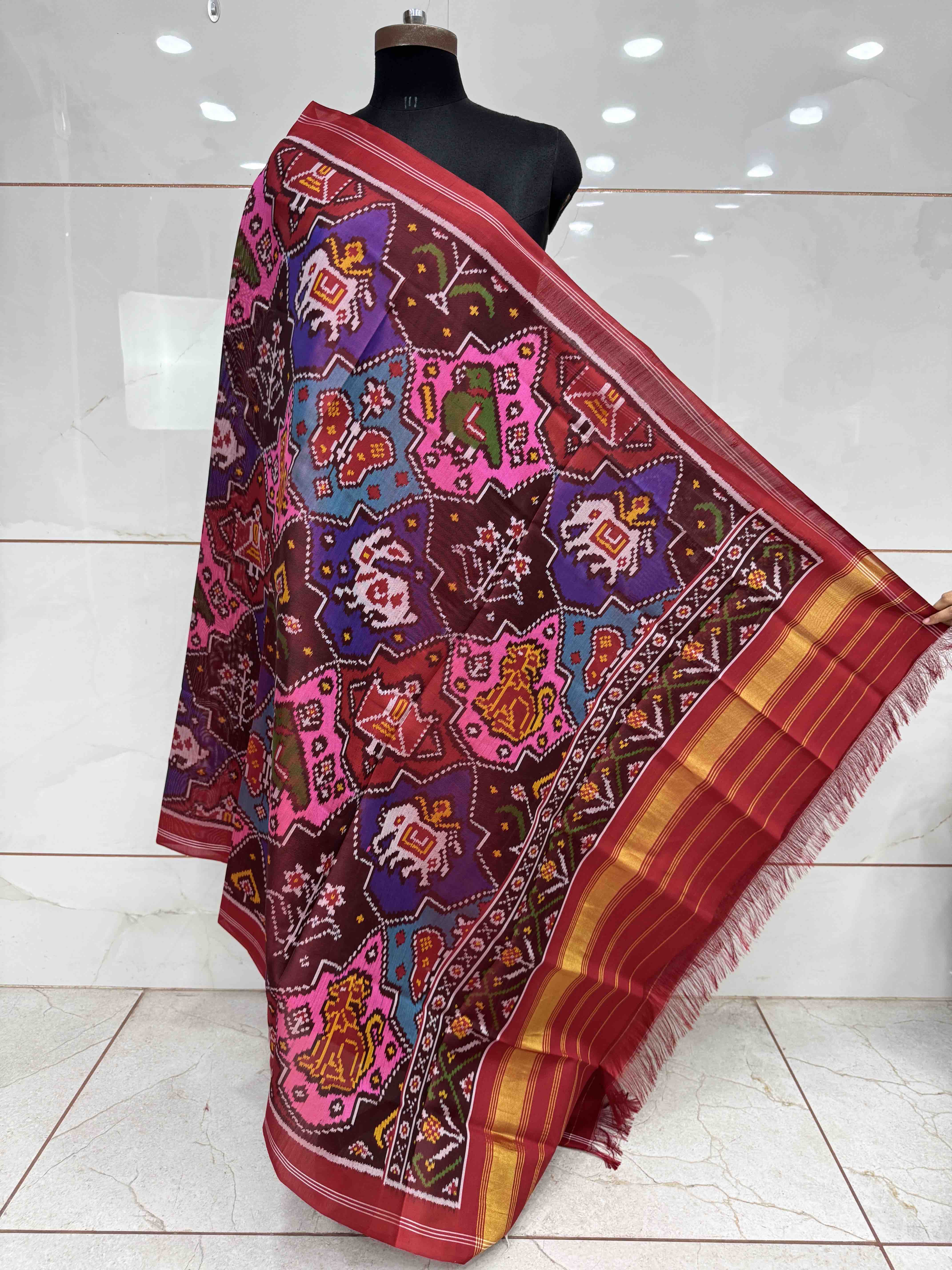 Red & Multicolor Fancy Narikunj Semi Double Ikat Patola Dupatta