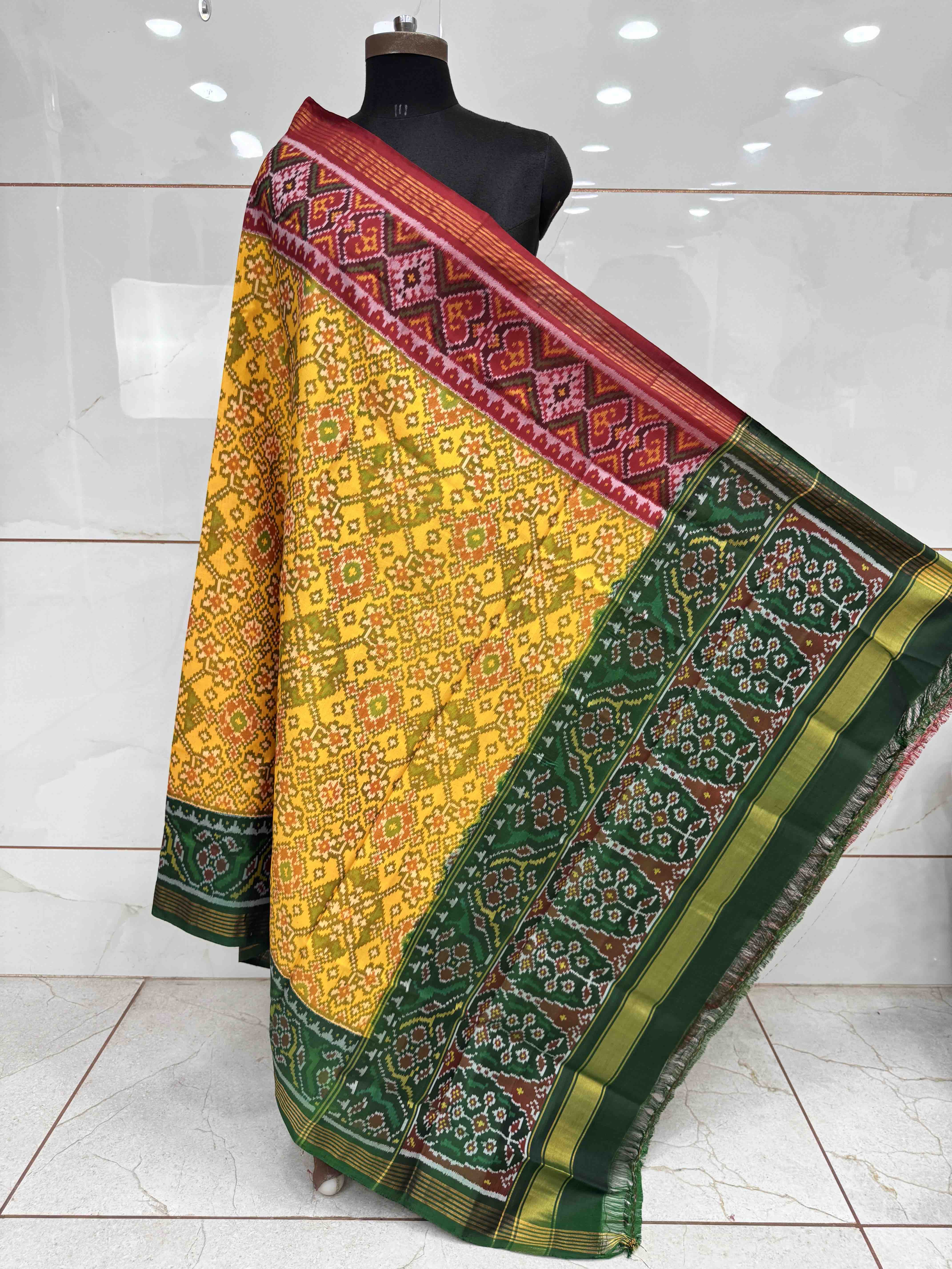 Yellow Ganga Jamuna Navratan Semi Double Ikat Patola Dupatta
