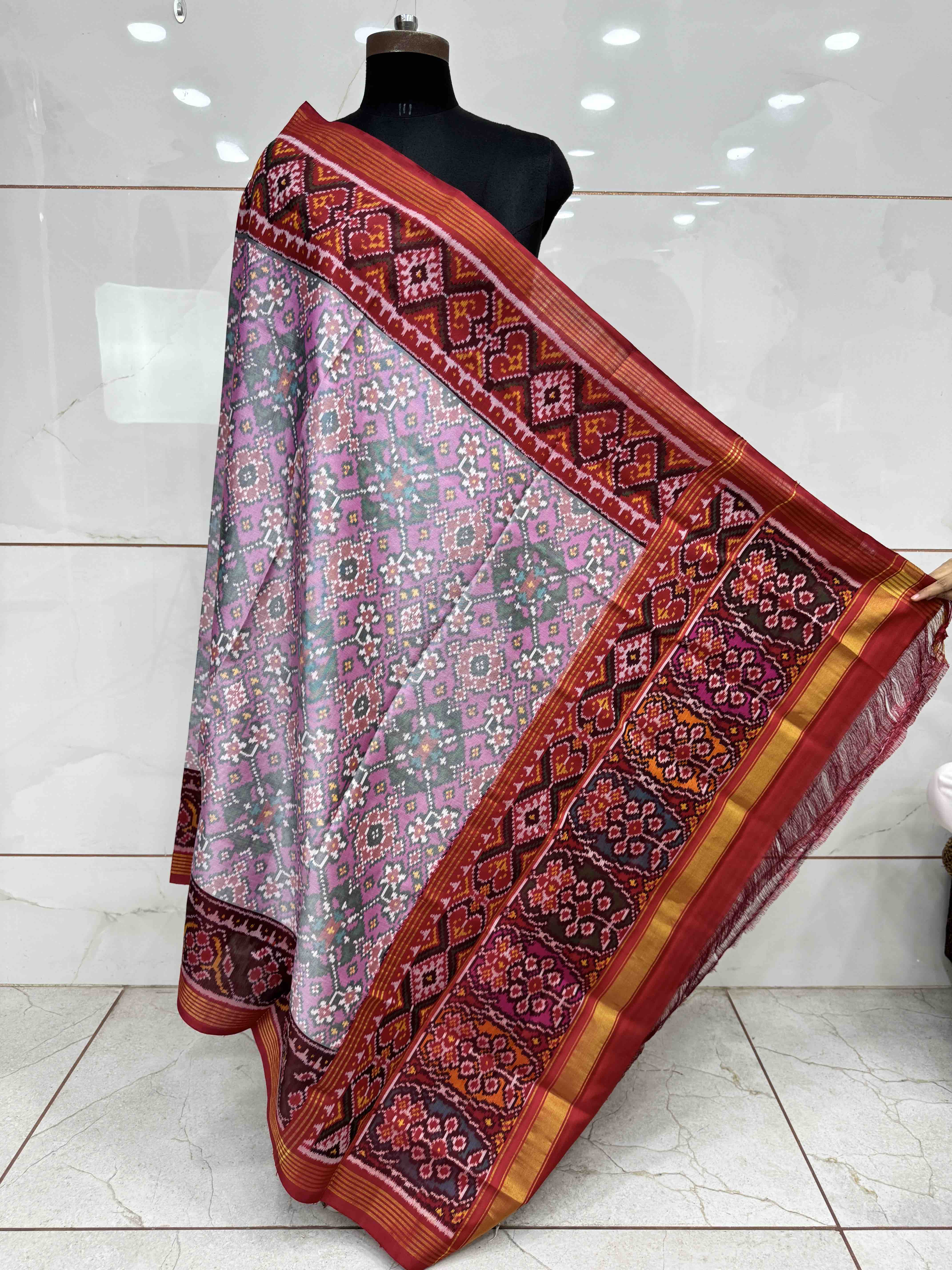 Red & Light Pink Navratan with Multicolor Pallu Semi Double Ikat Patola Dupatta