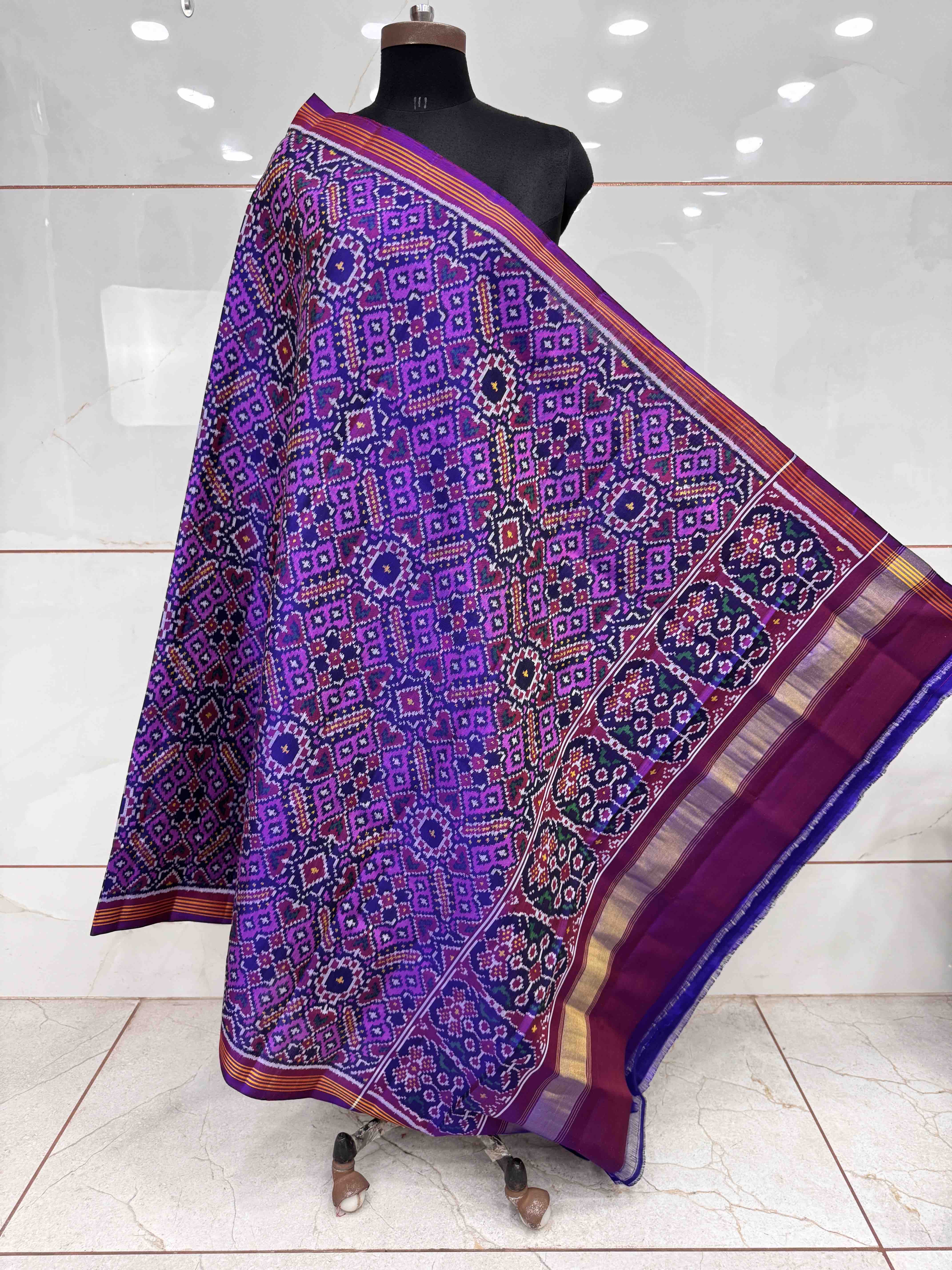 Purple Blue & LIght Purple Manekchowk Semi Double Ikat Patola Dupatta