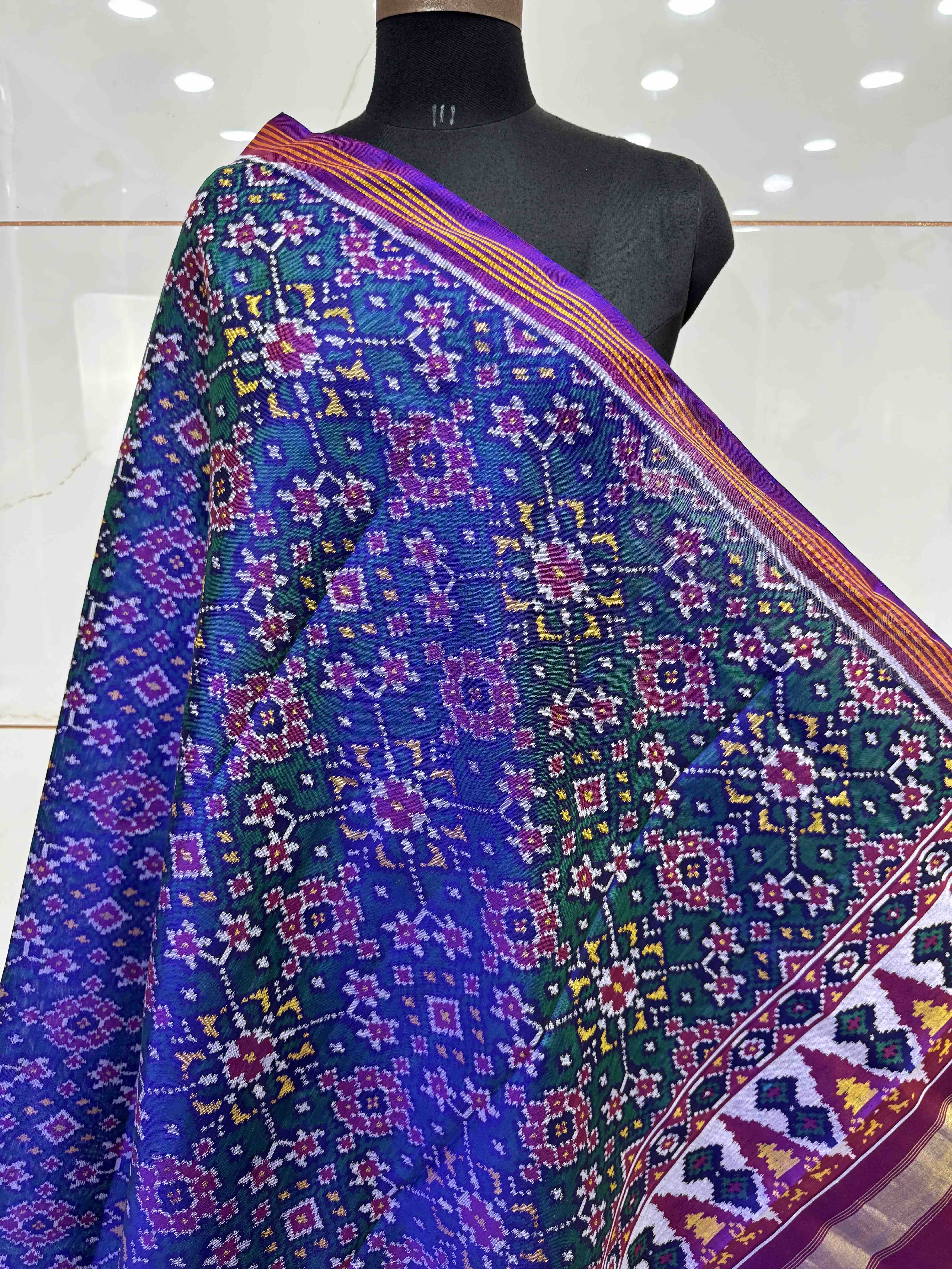 Purple & Peacock Green Navratan Semi Double Ikat Patola Dupatta