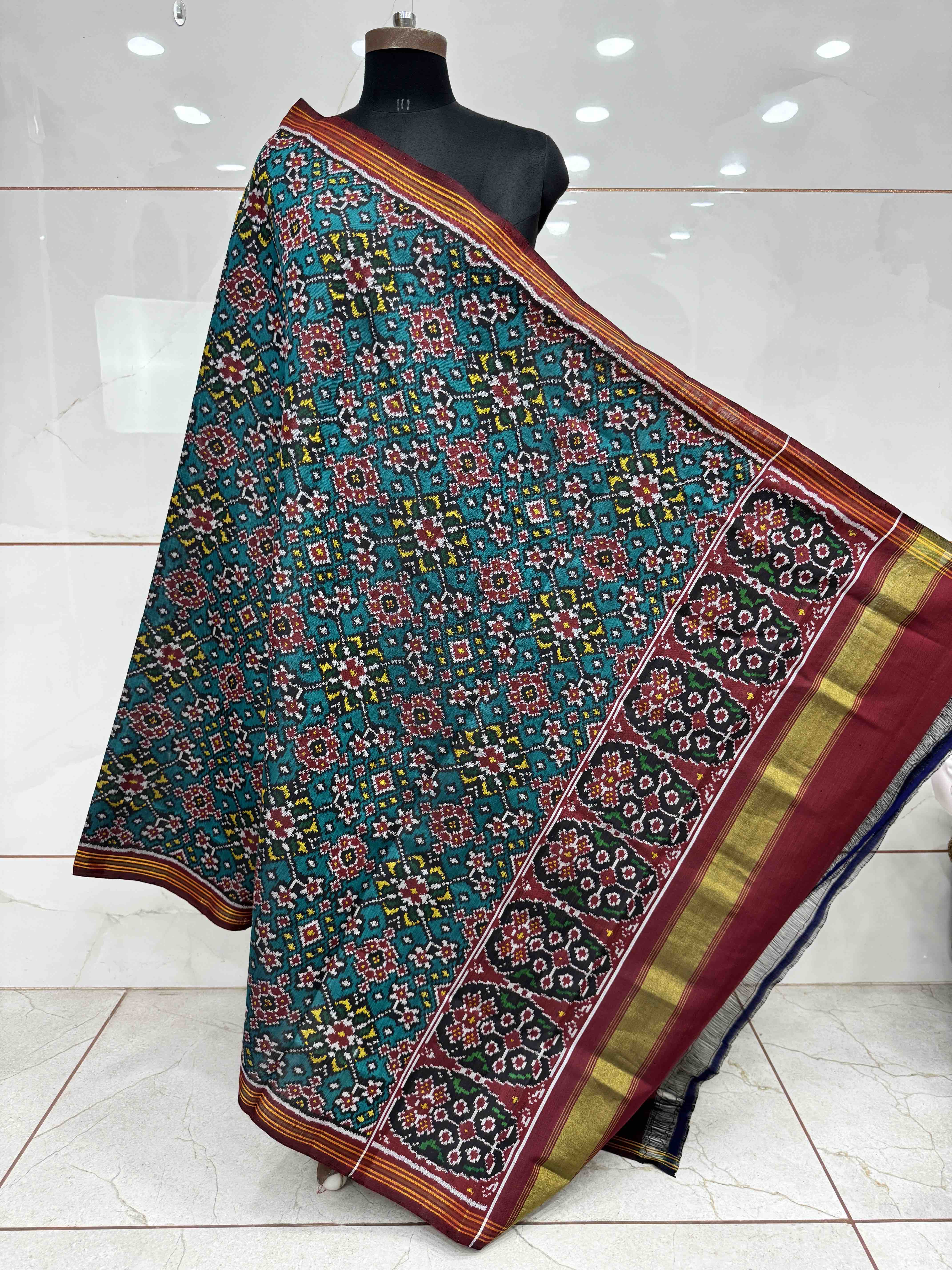Maroon & Turquoise Navratan Semi Double Ikat Patola Dupatta
