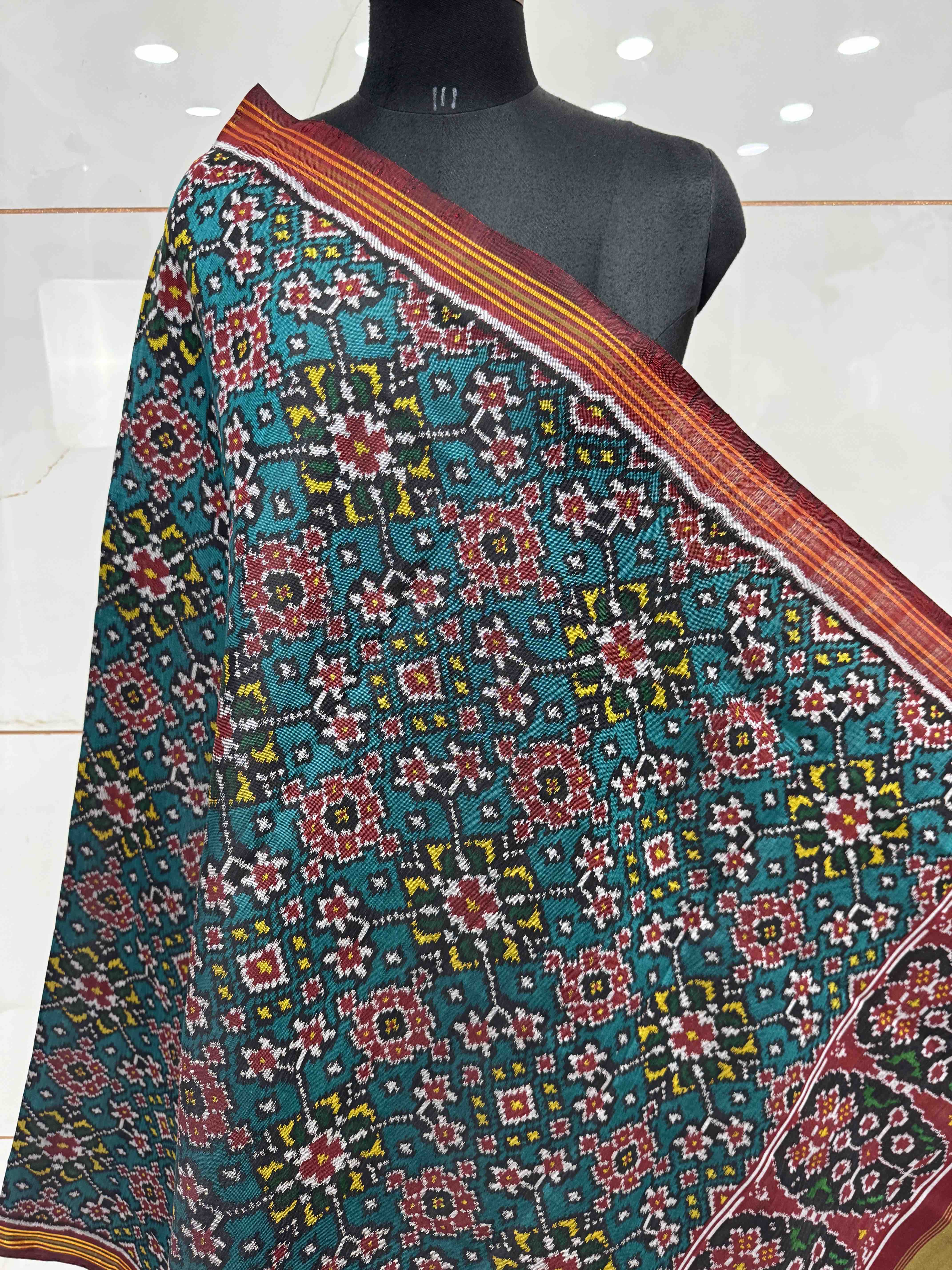 Maroon & Turquoise Navratan Semi Double Ikat Patola Dupatta