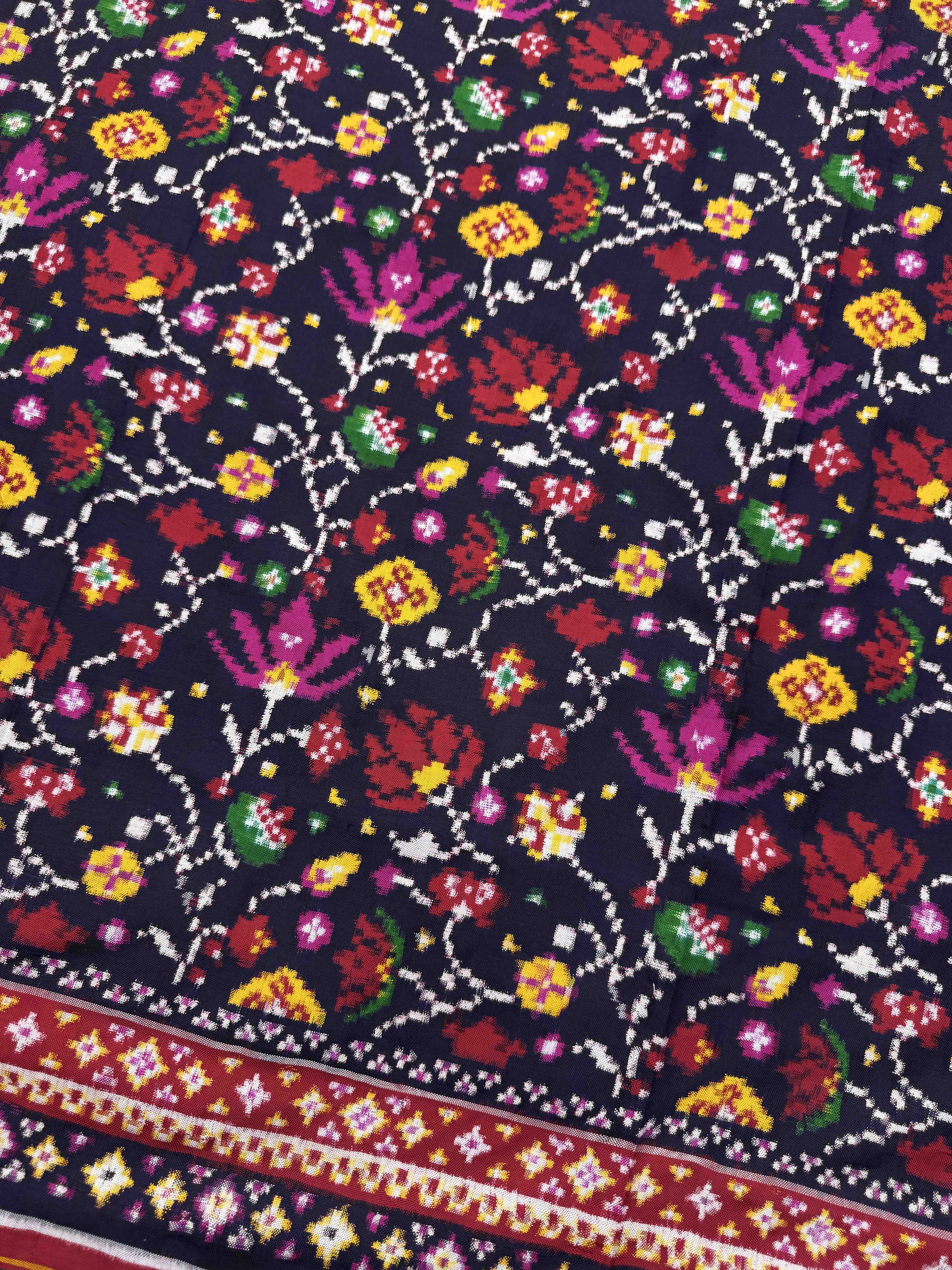 Red & Navy Blue Fancy Flower Double Ikat Patan Patola Saree
