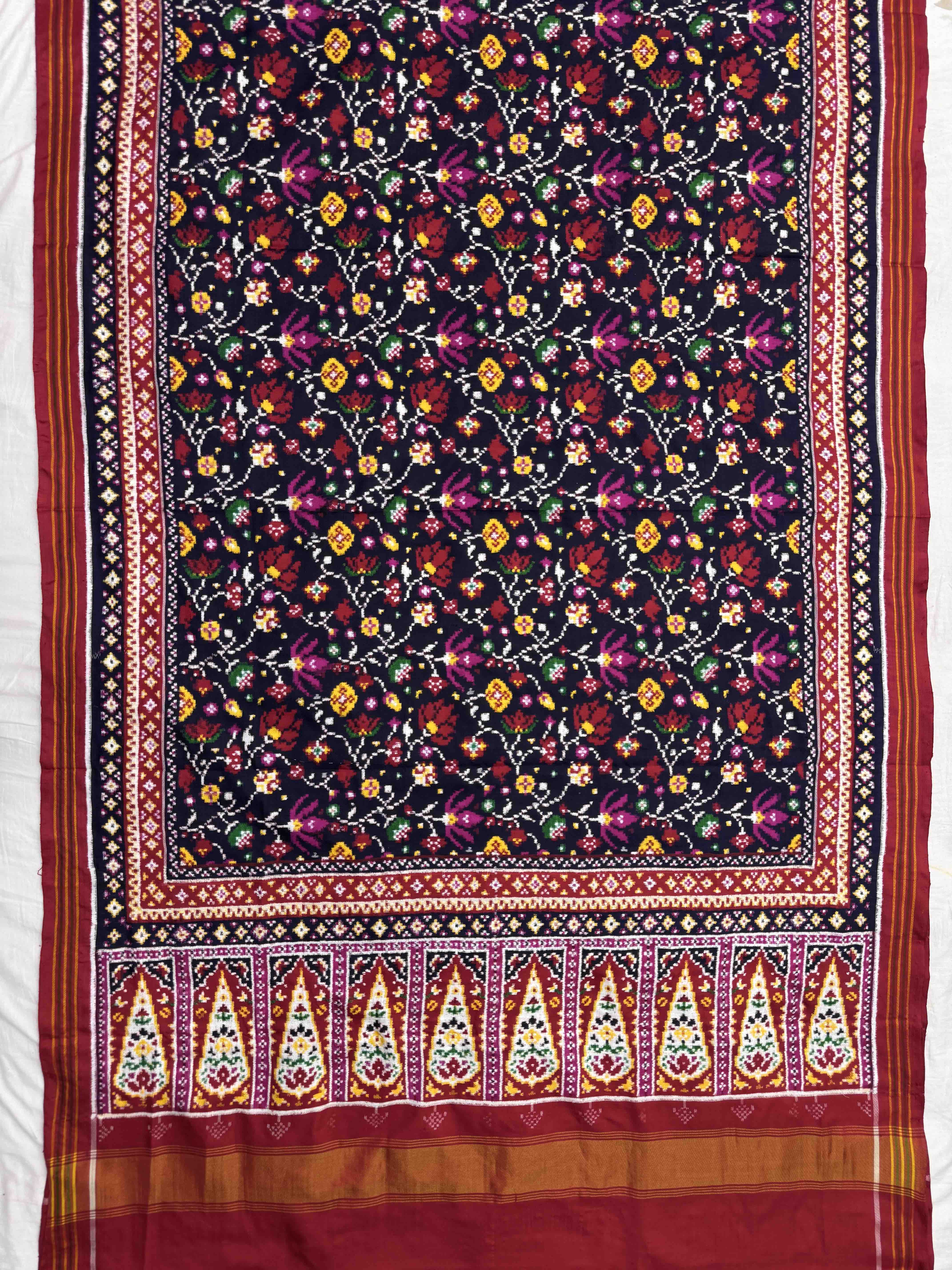 Red & Navy Blue Fancy Flower Double Ikat Patan Patola Saree