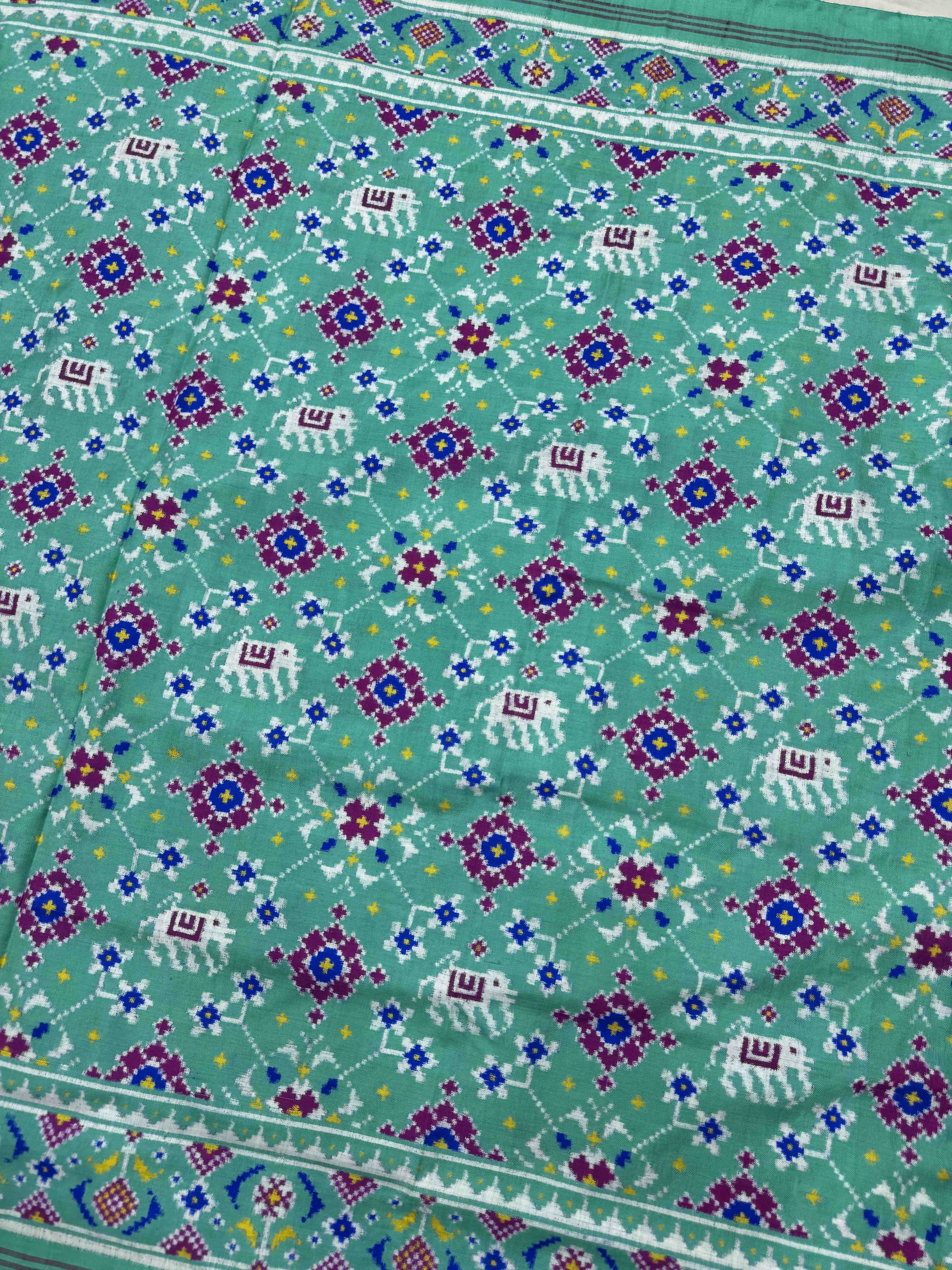 Mint Green Navratan with Elephant Double Ikat Patan Patola Saree
