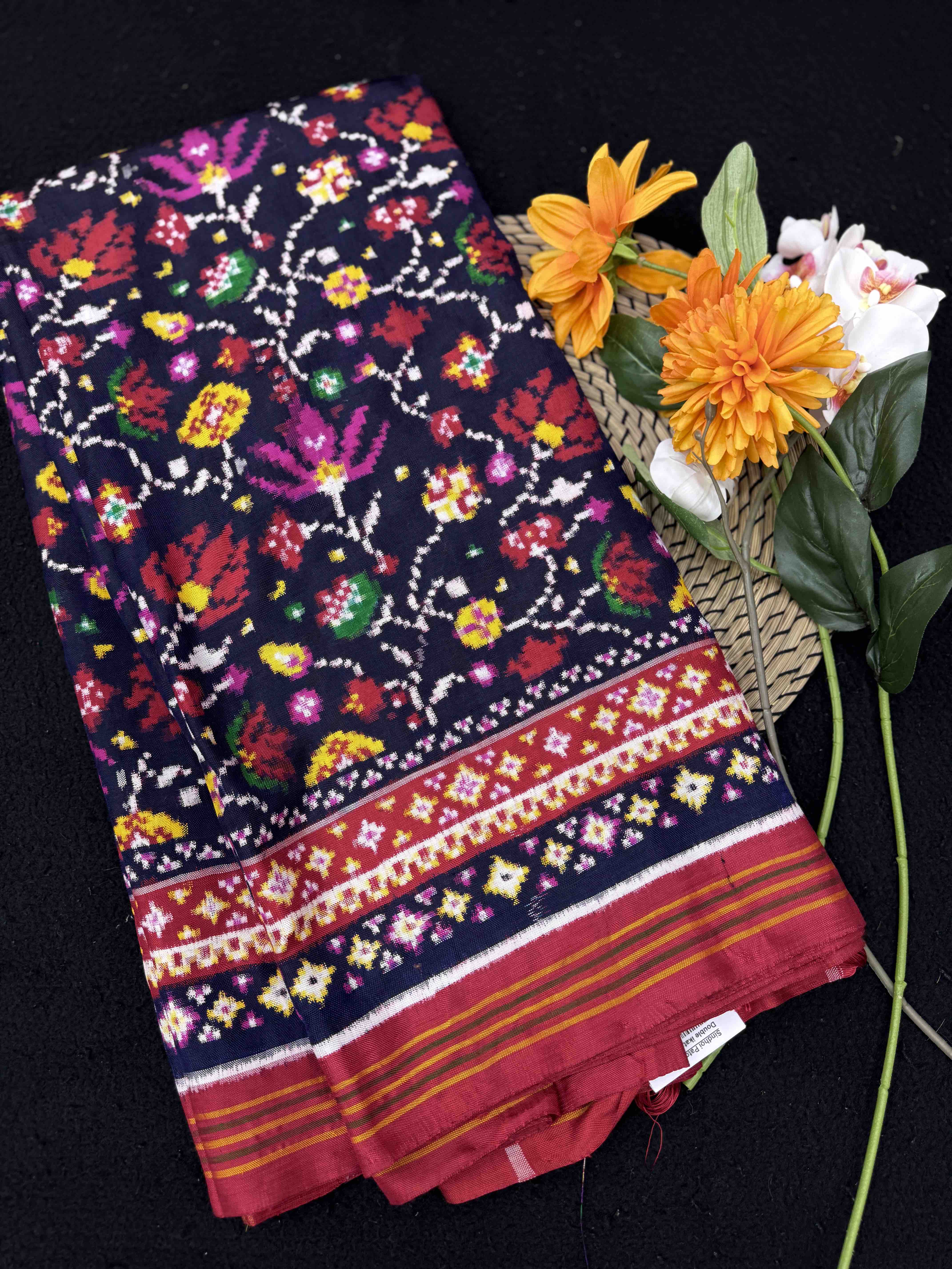 Red & Navy Blue Fancy Flower Double Ikat Patan Patola Saree