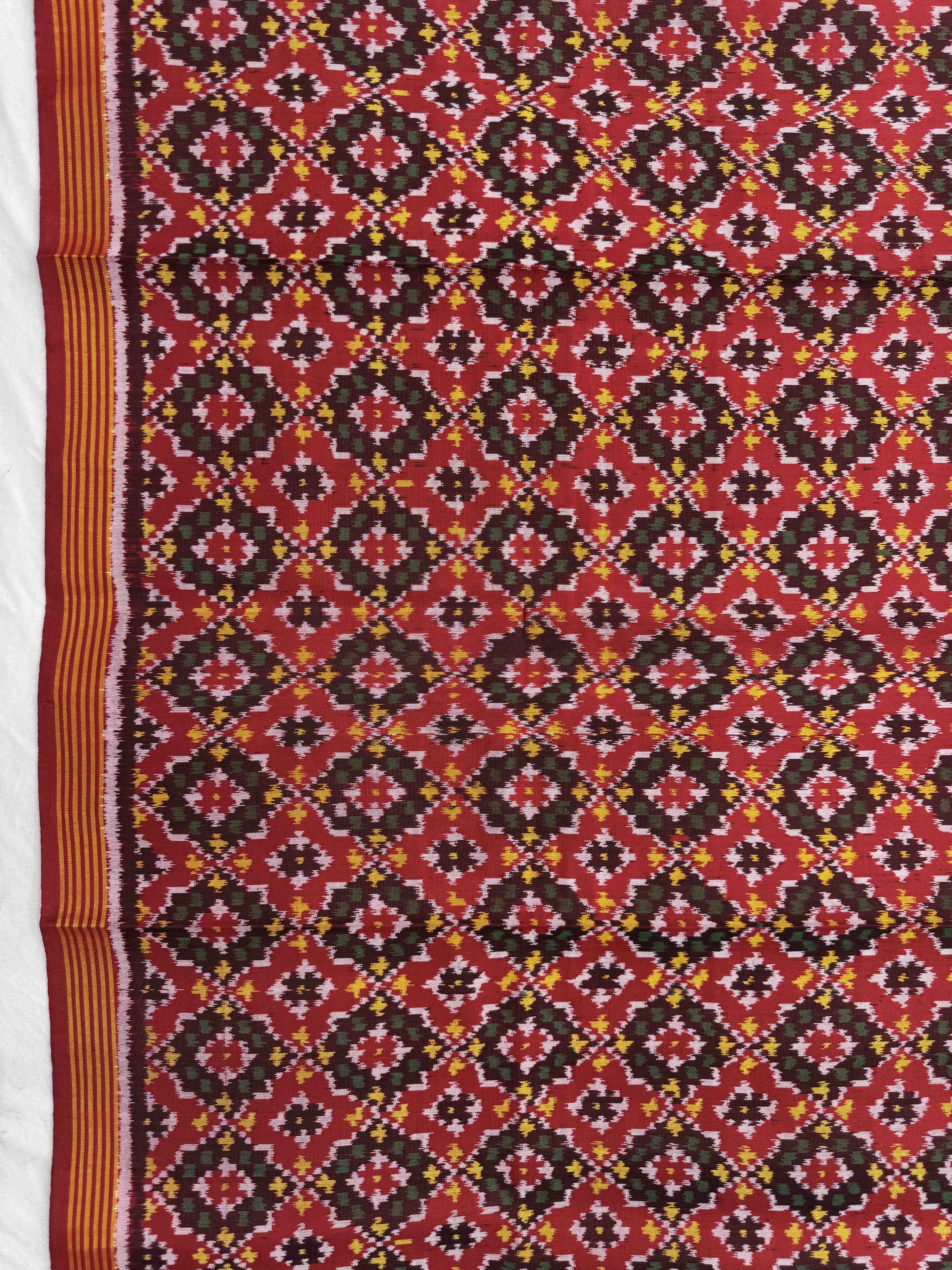 Red Buttonful Single Ikat Patola Silk Fabric