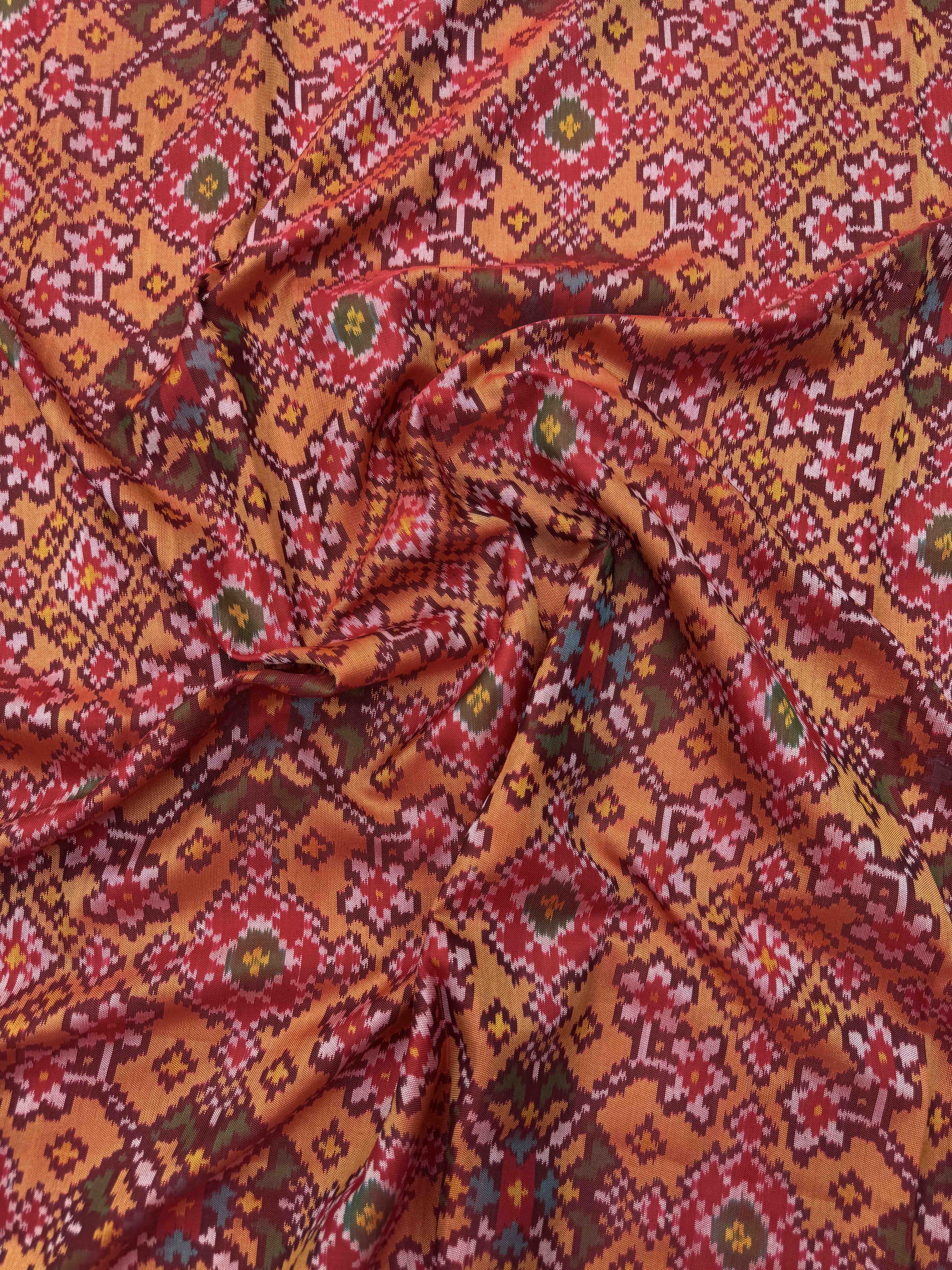 Red & Yellow Navratan Single Ikat Patola Silk Fabric