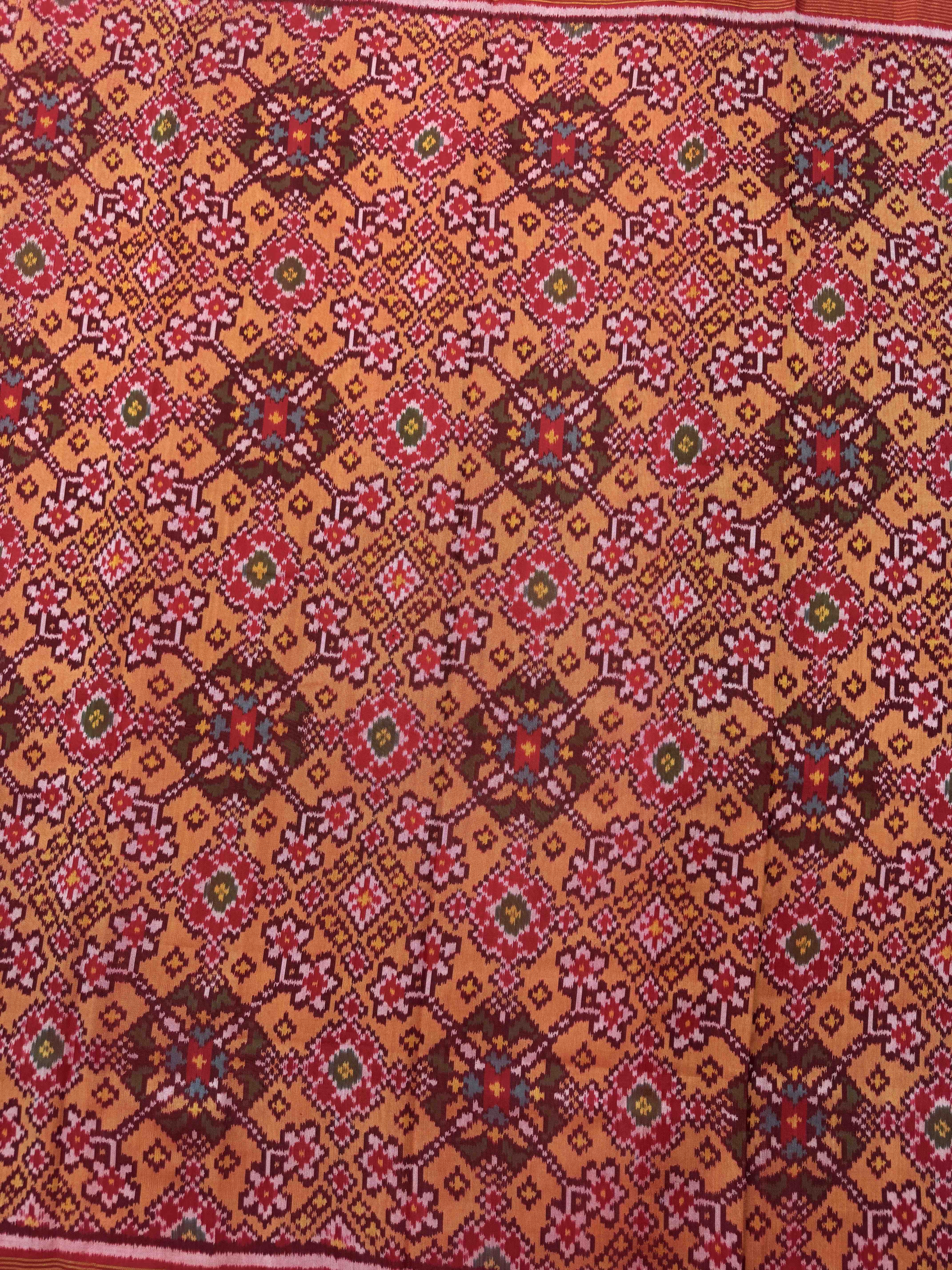 Red & Yellow Navratan Single Ikat Patola Silk Fabric