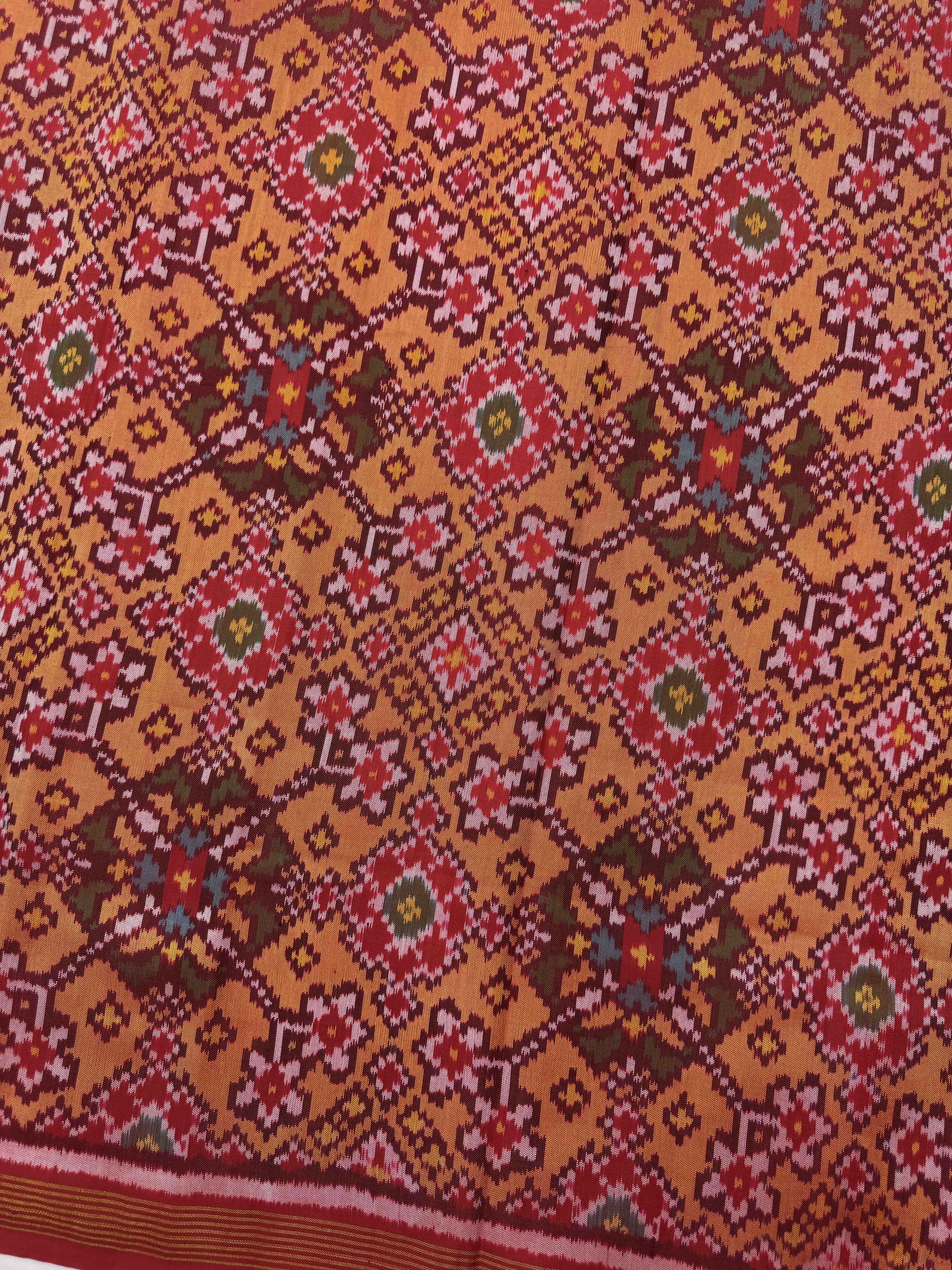Red & Yellow Navratan Single Ikat Patola Silk Fabric