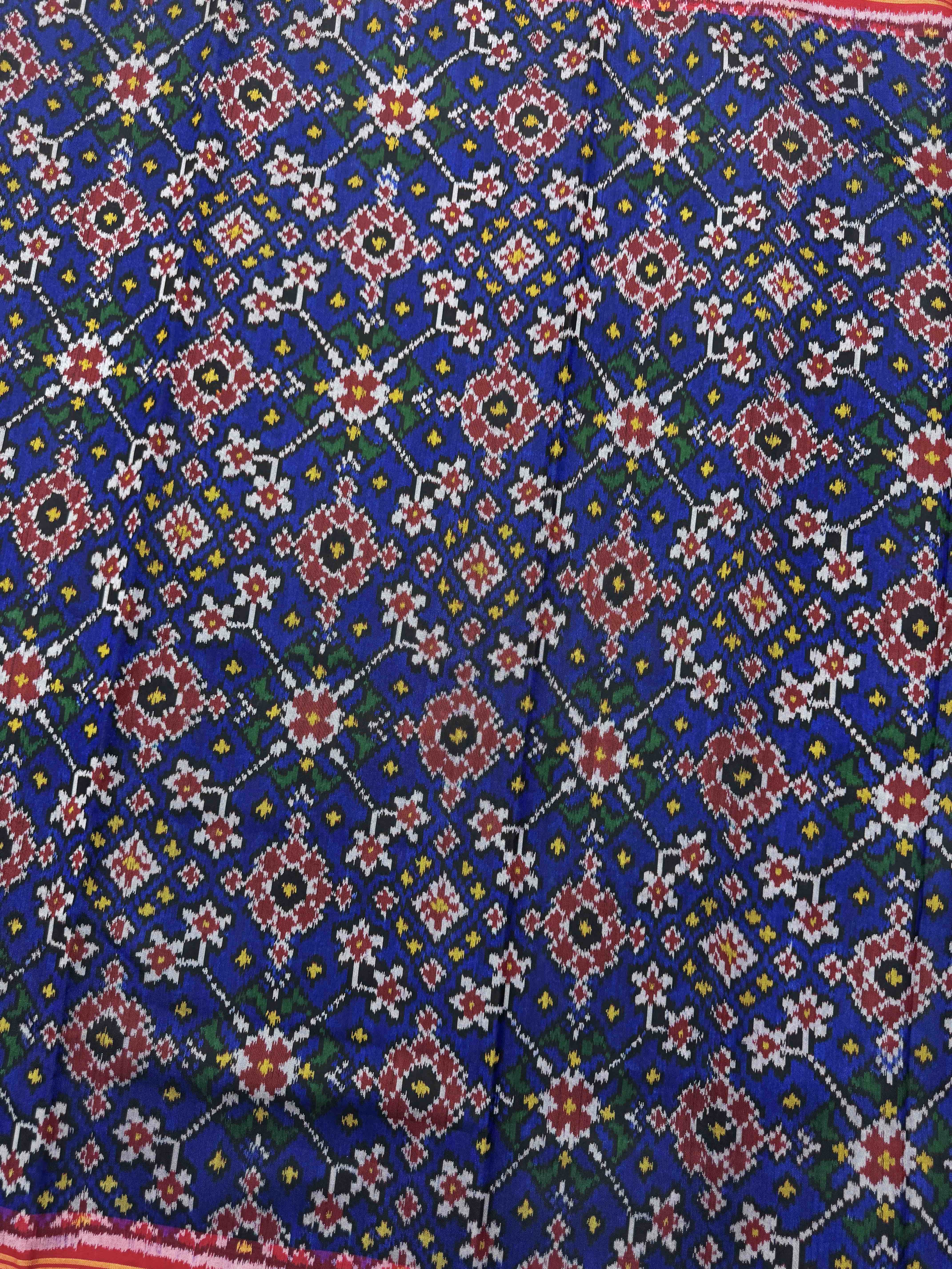 Red & Blue Navratan Single Ikat Patola Silk Fabric