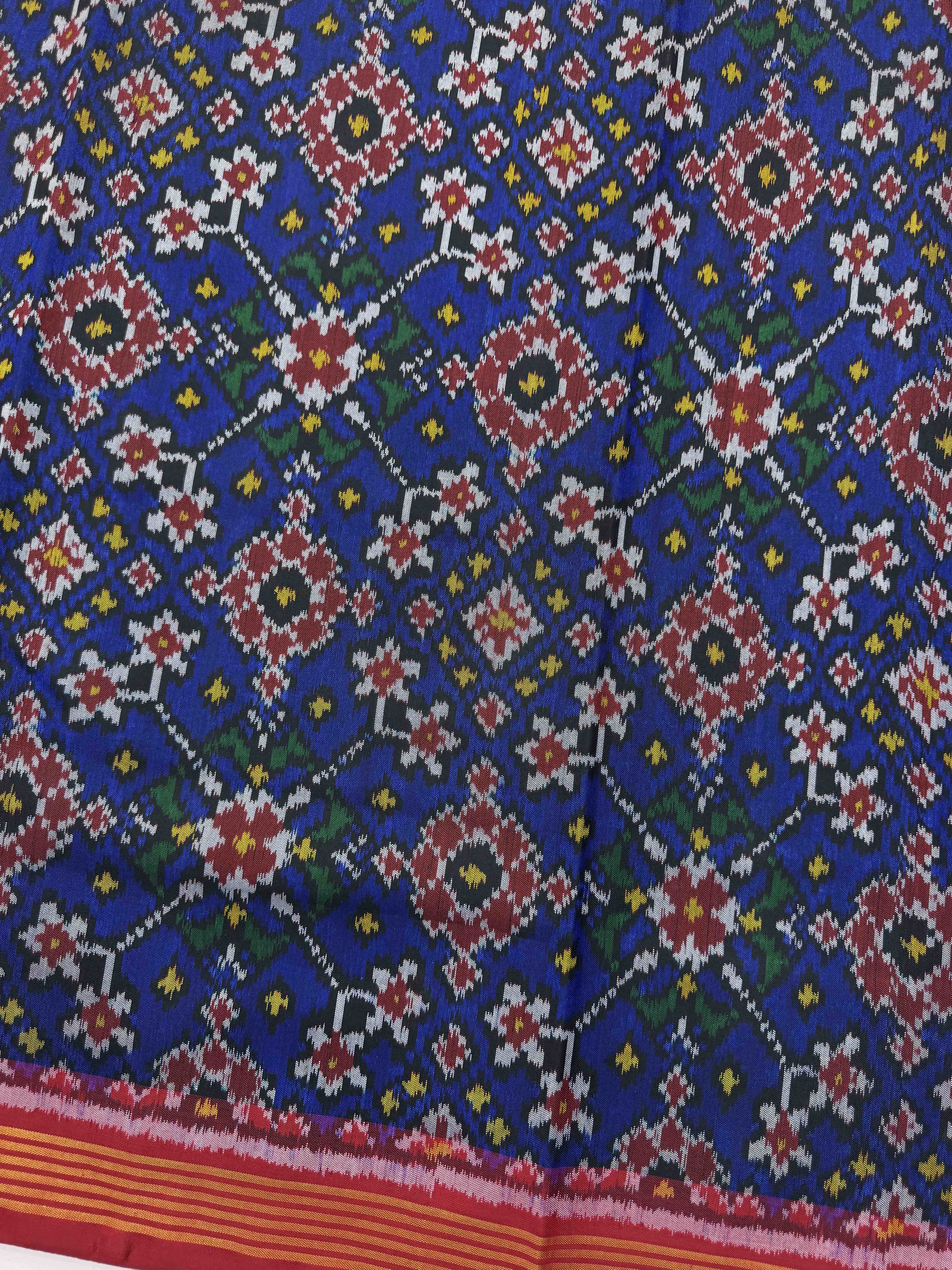 Red & Blue Navratan Single Ikat Patola Silk Fabric