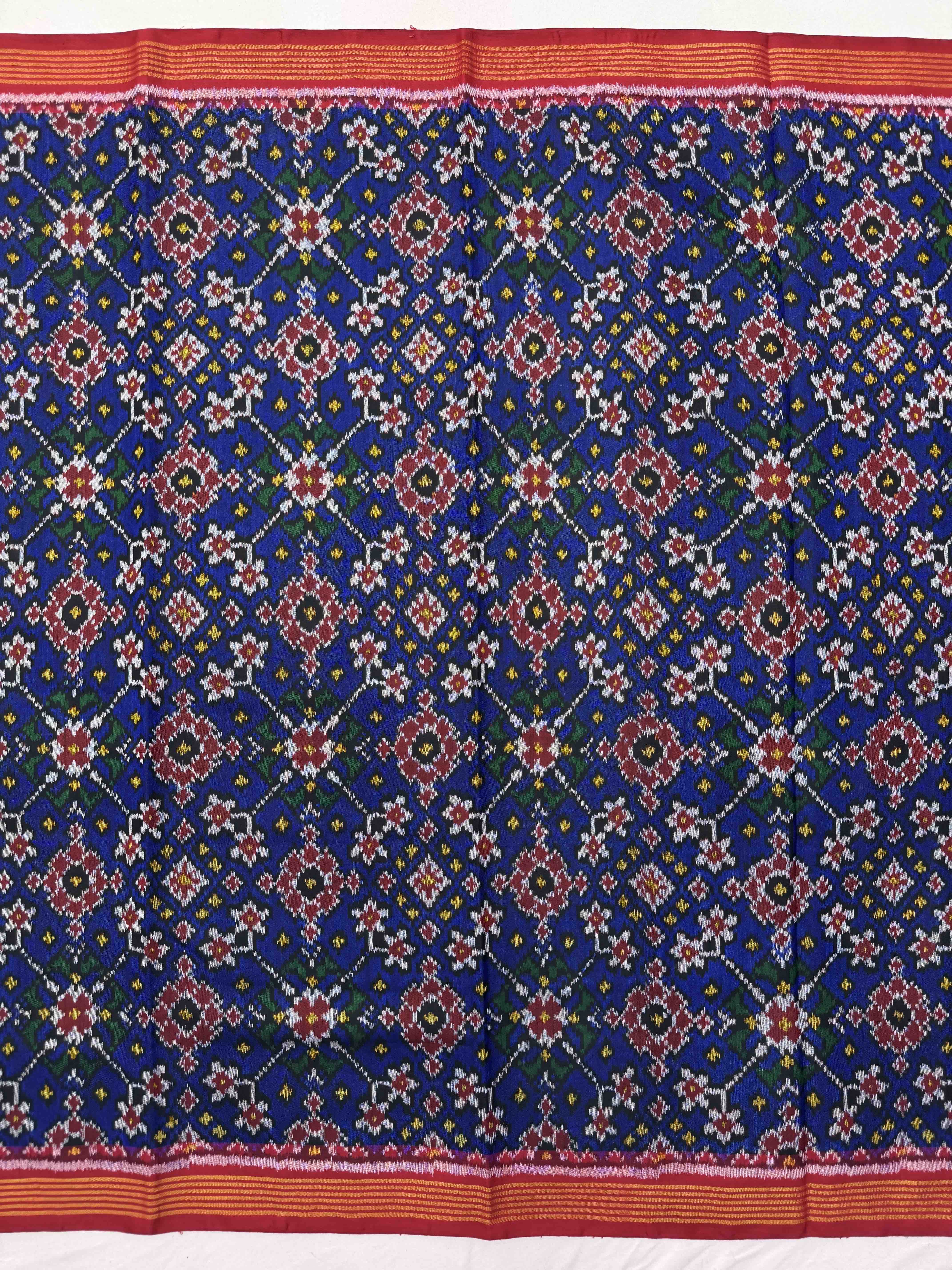 Red & Blue Navratan Single Ikat Patola Silk Fabric