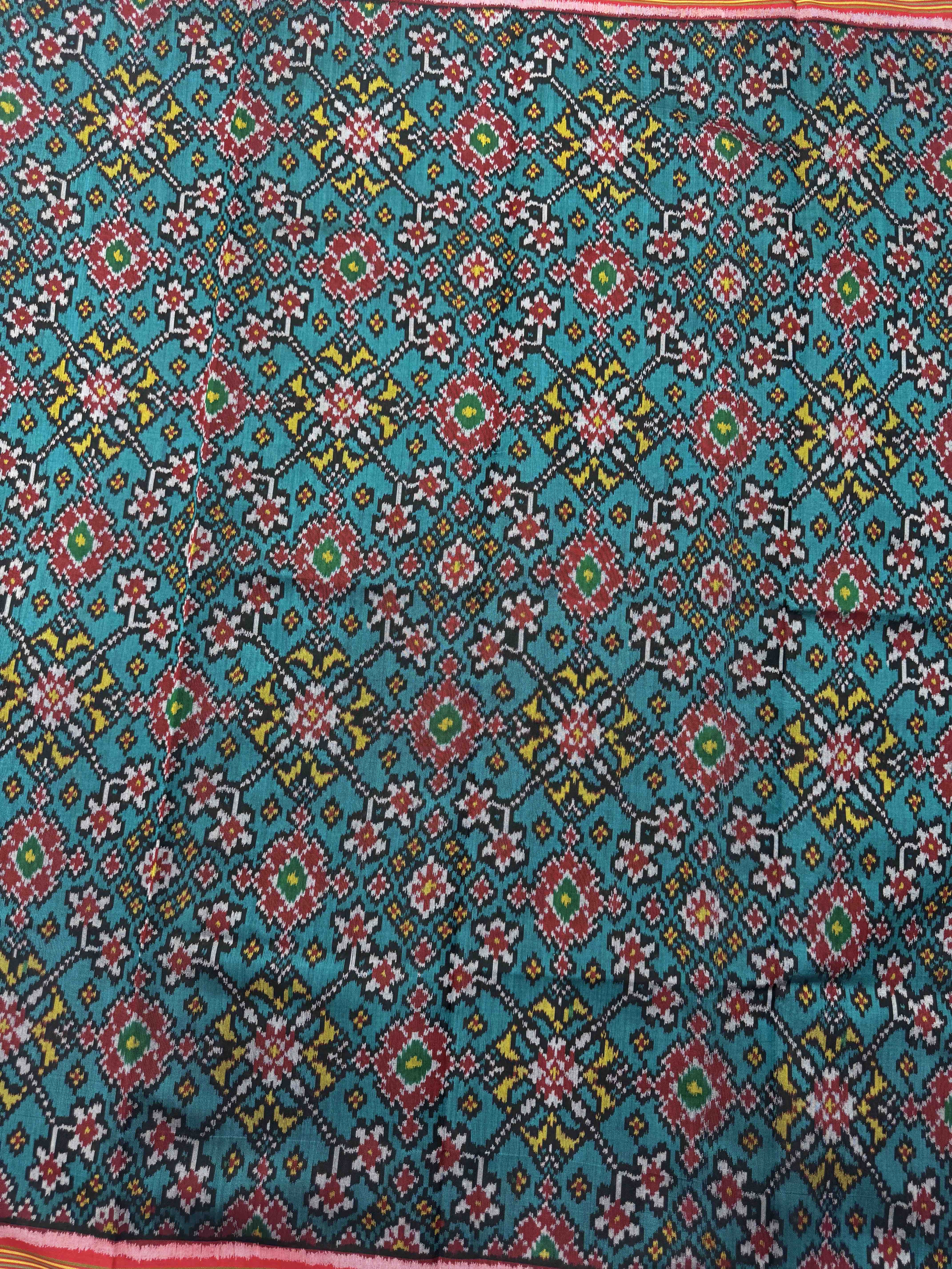 Red & Turquoise Navratan Single Ikat Patola Silk Fabric