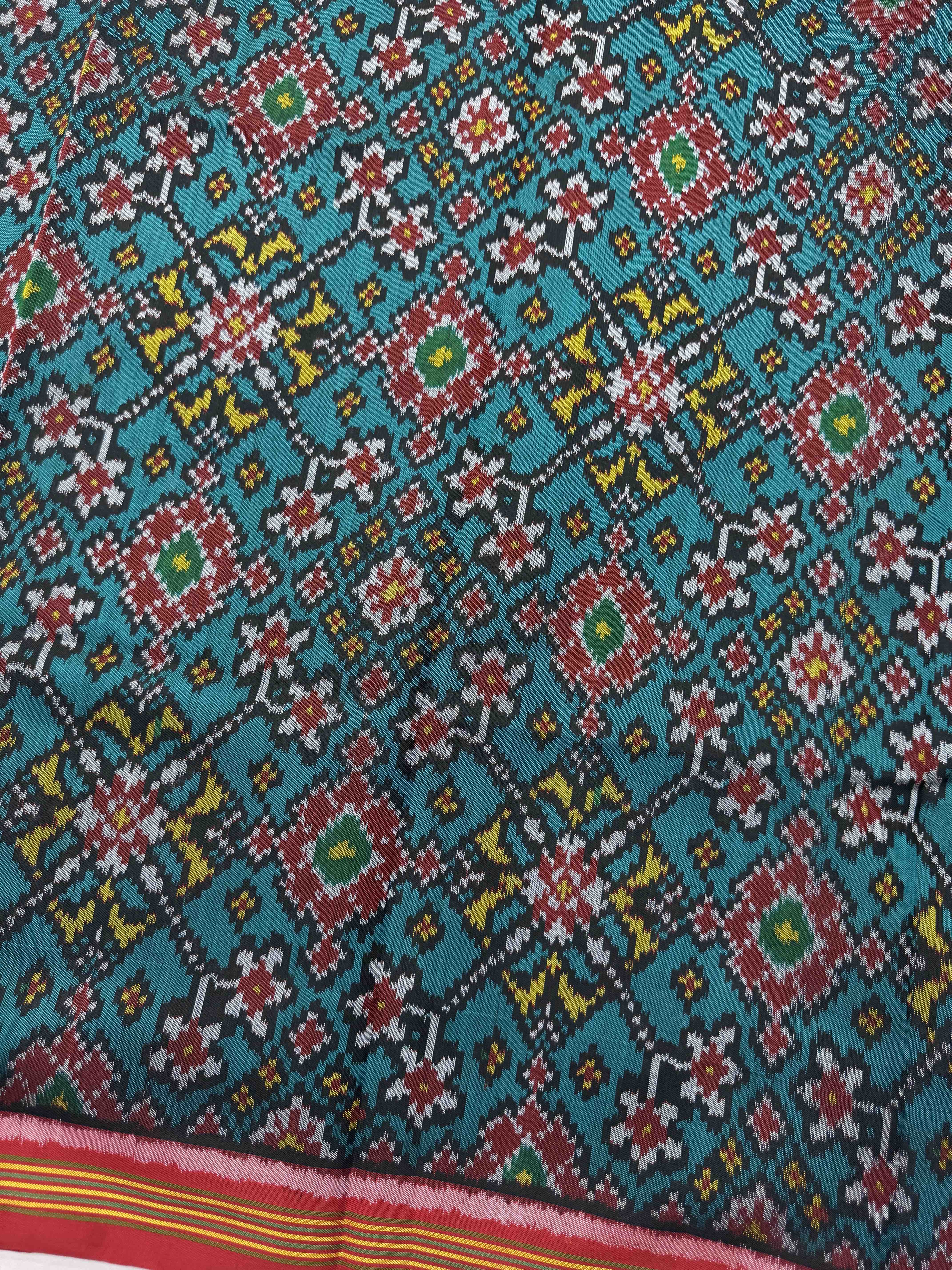 Red & Turquoise Navratan Single Ikat Patola Silk Fabric