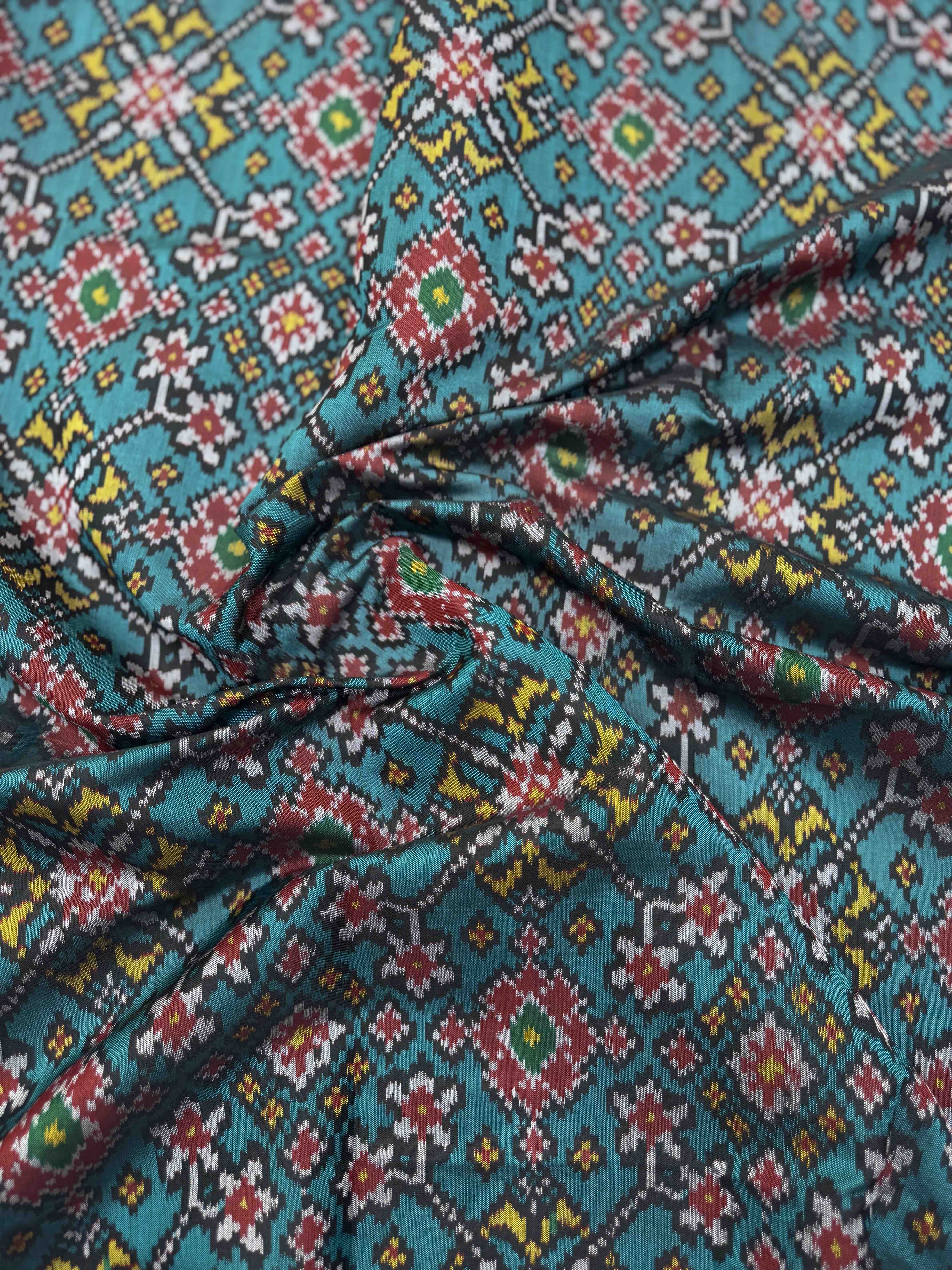 Red & Turquoise Navratan Single Ikat Patola Silk Fabric