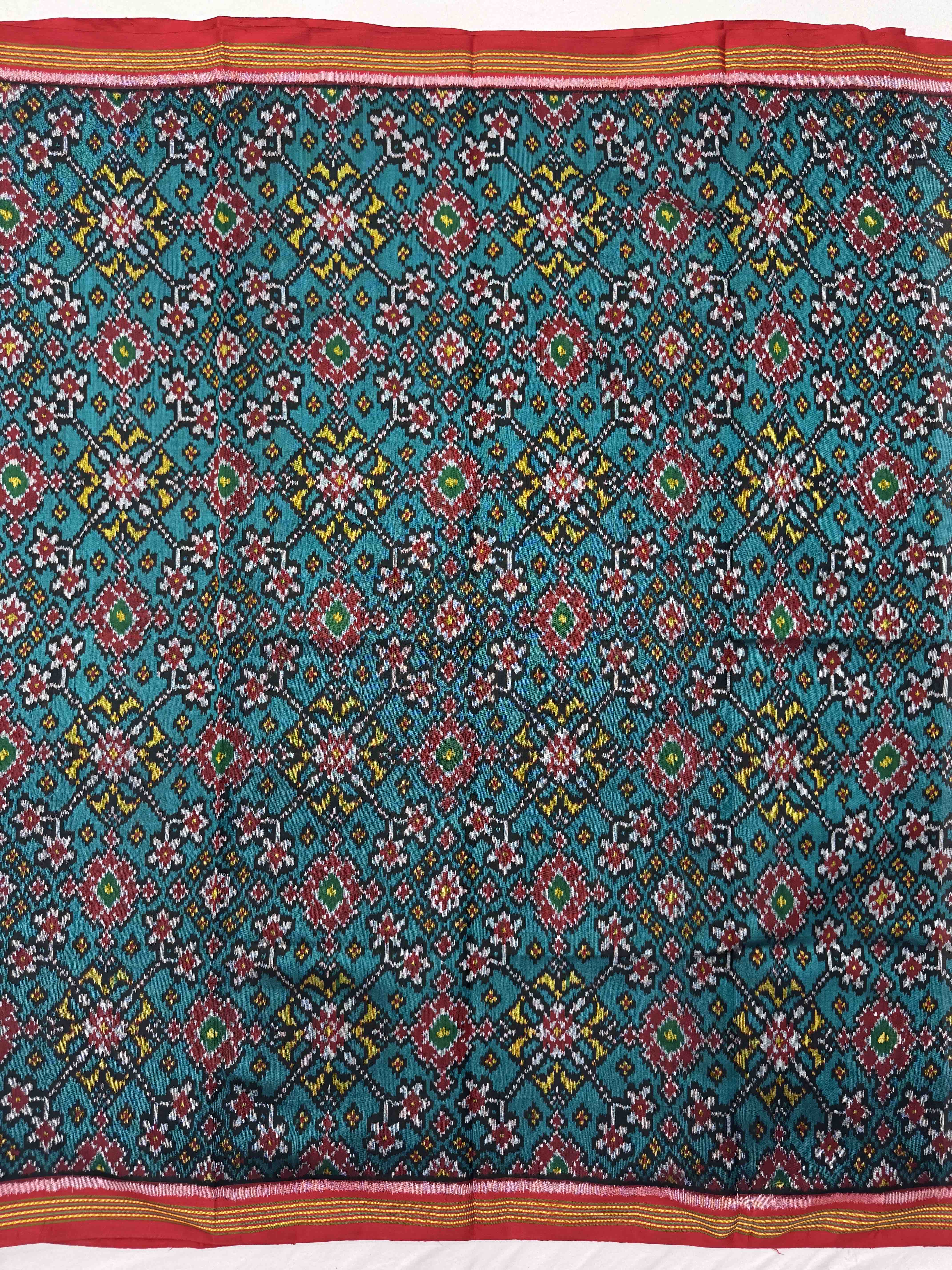 Red & Turquoise Navratan Single Ikat Patola Silk Fabric