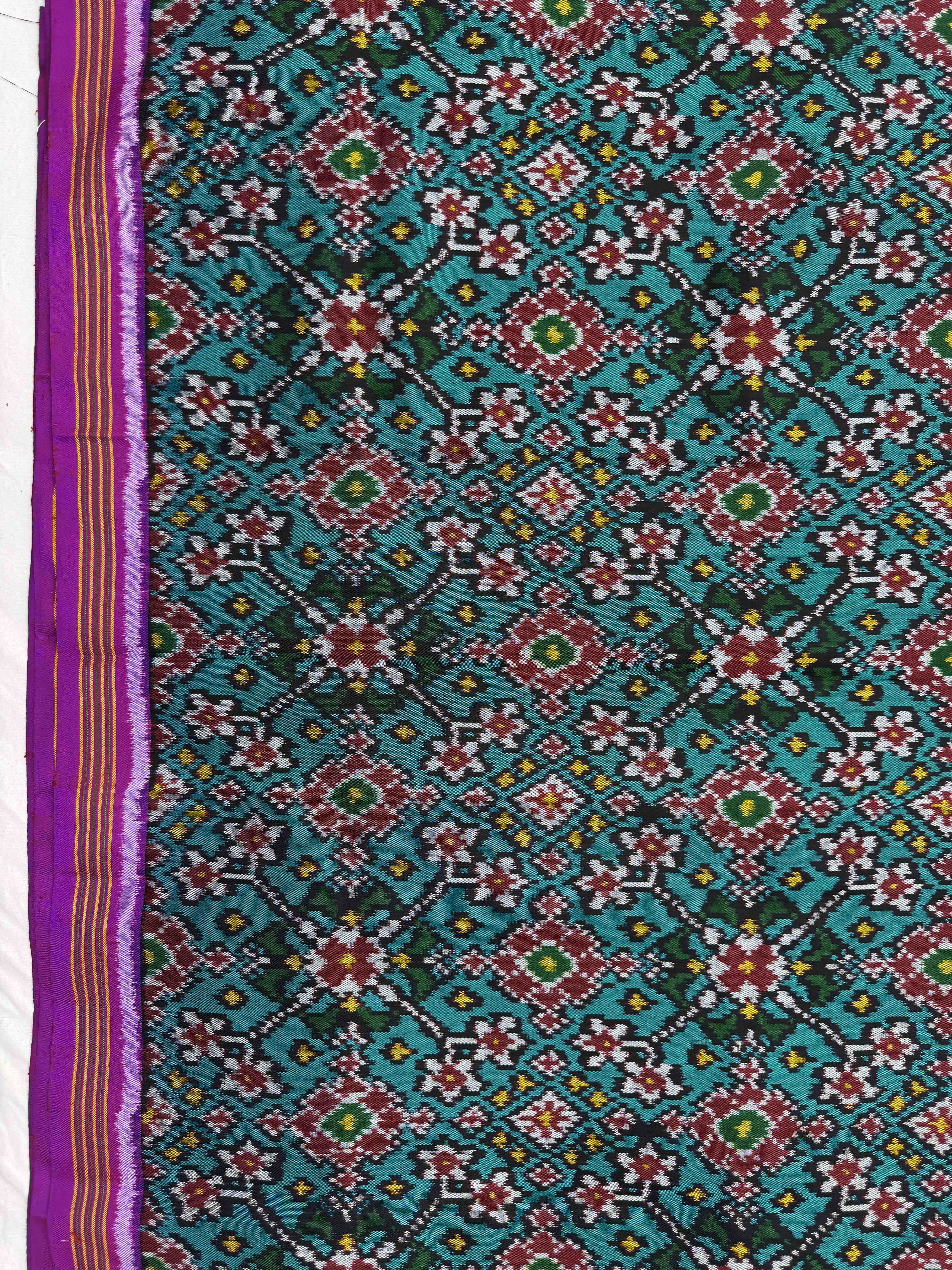 Magenta & Turquoise Navratan Single Ikat Patola Silk Fabric
