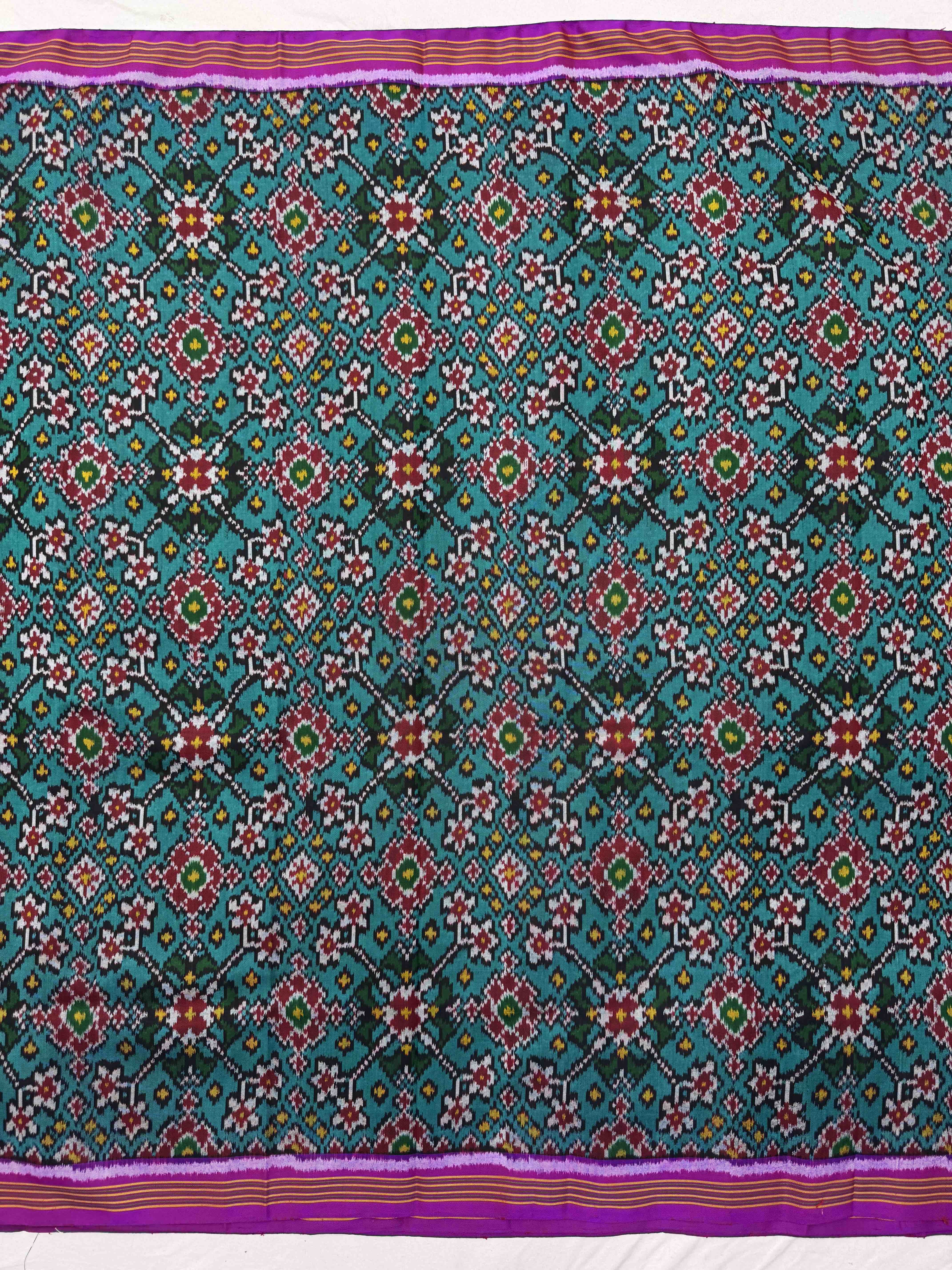 Magenta & Turquoise Navratan Single Ikat Patola Silk Fabric