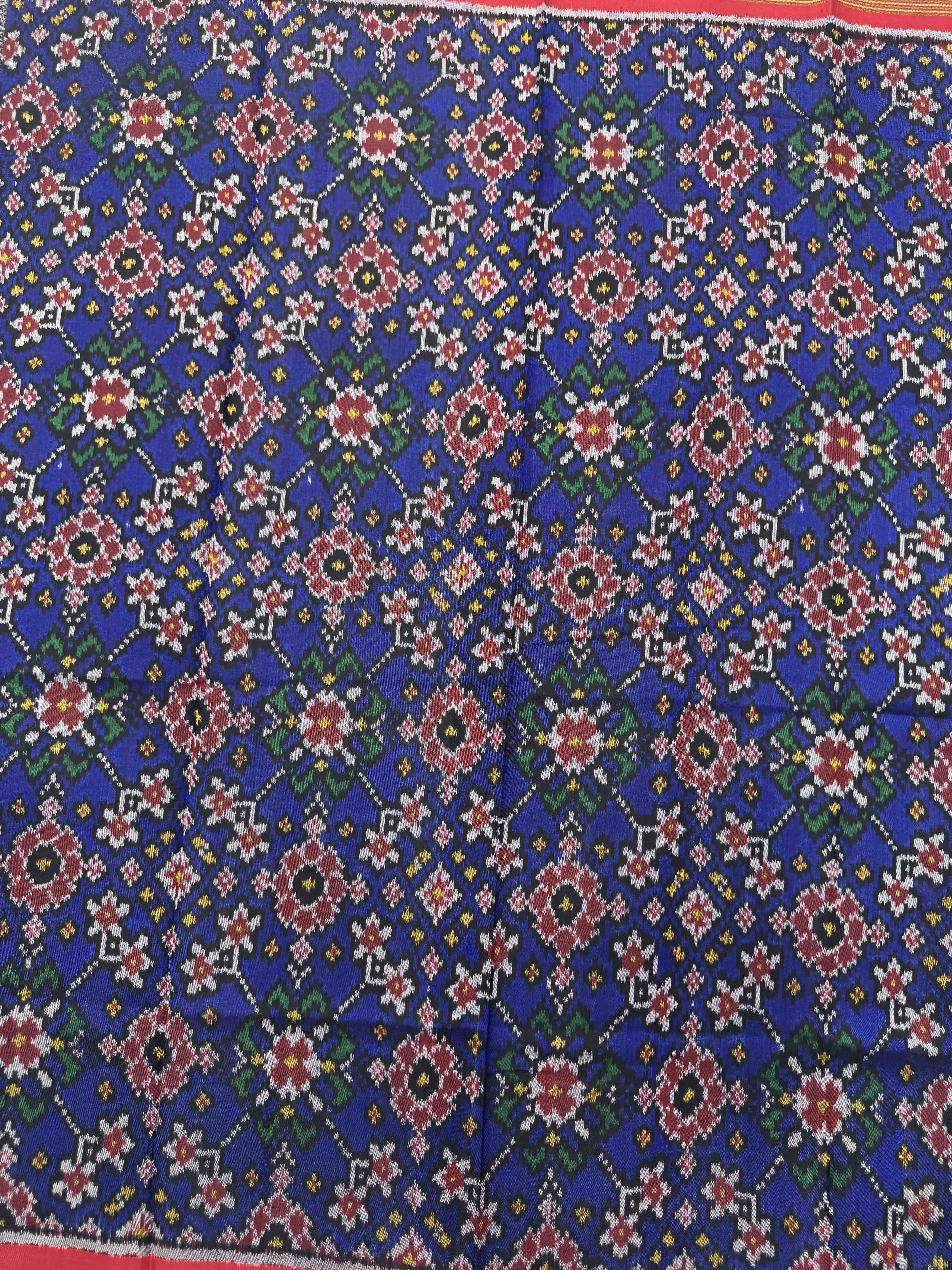 Red & Blue Navratan Single Ikat Patola Silk Fabric