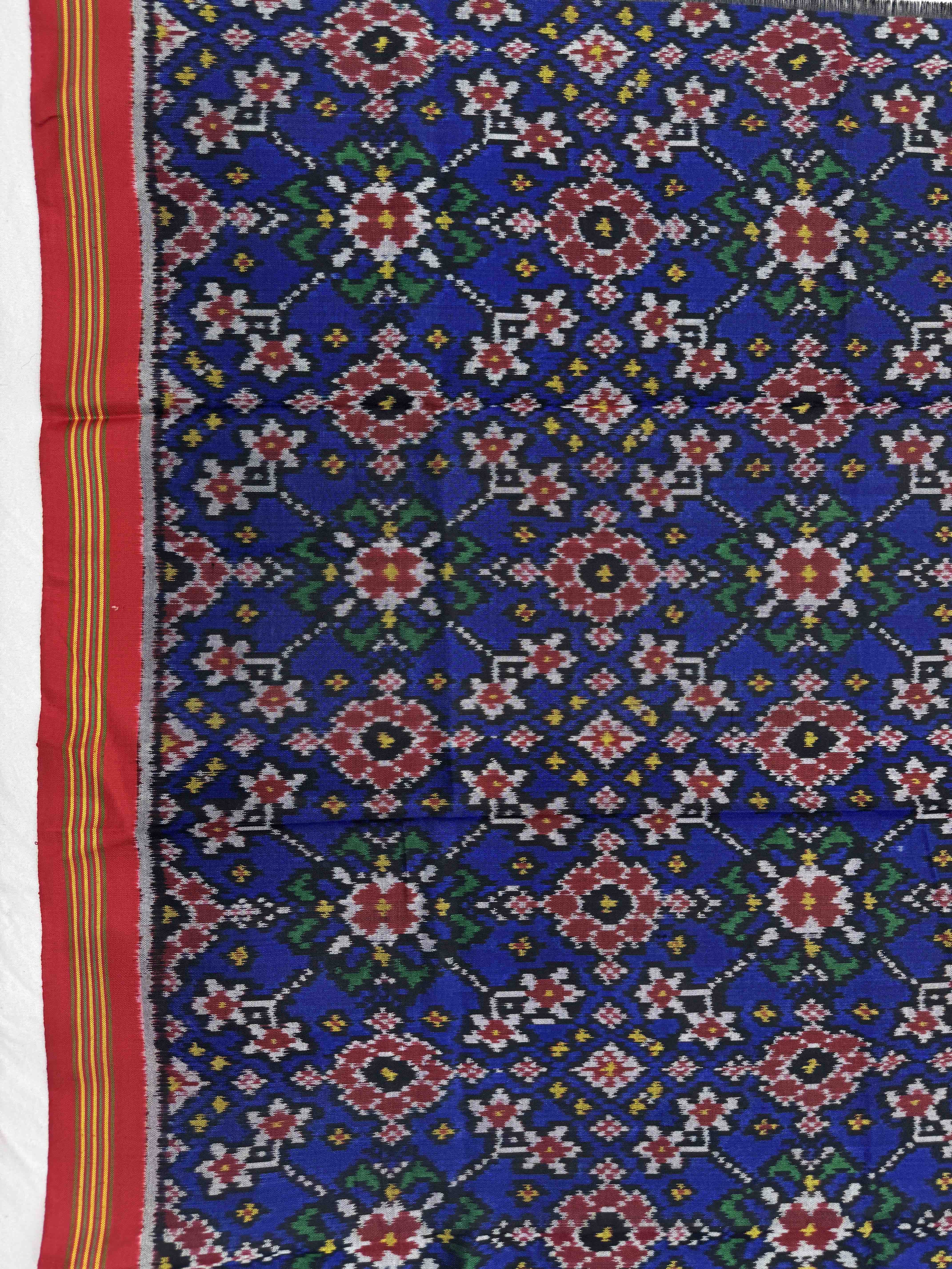 Red & Blue Navratan Single Ikat Patola Silk Fabric