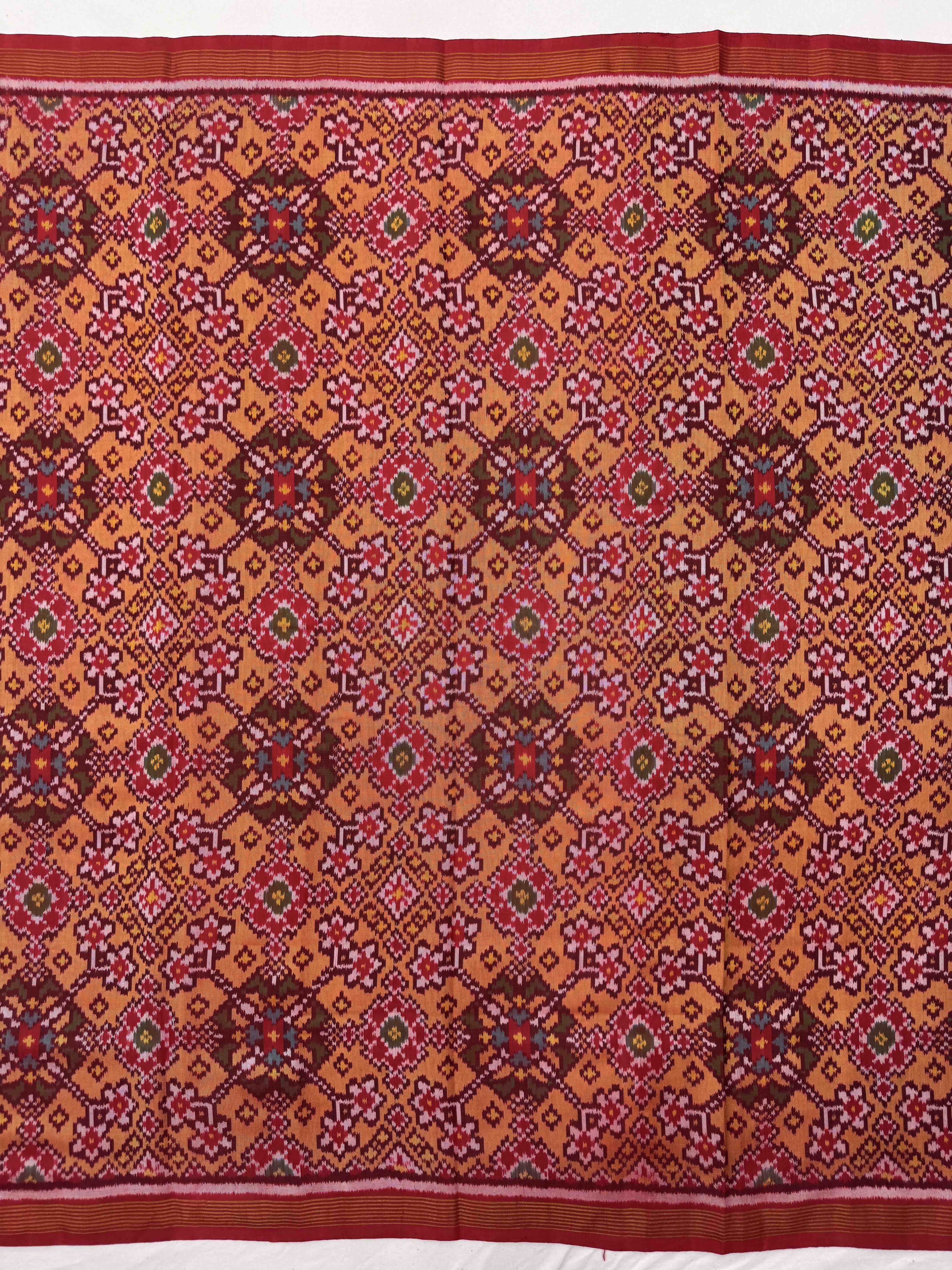 Red & Yellow Navratan Single Ikat Patola Silk Fabric