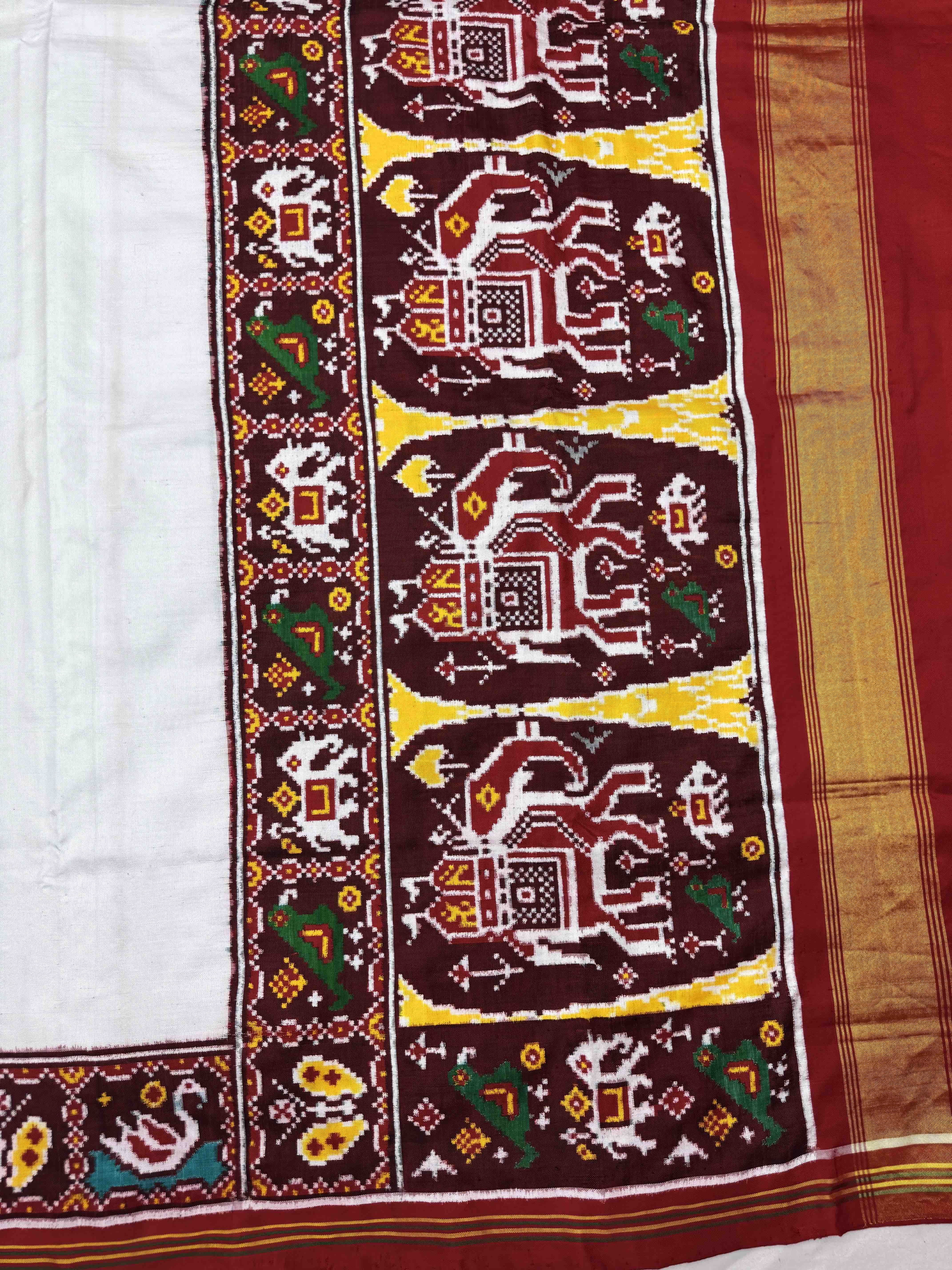 Red & White Plain Double Ikat Patan Patola Saree