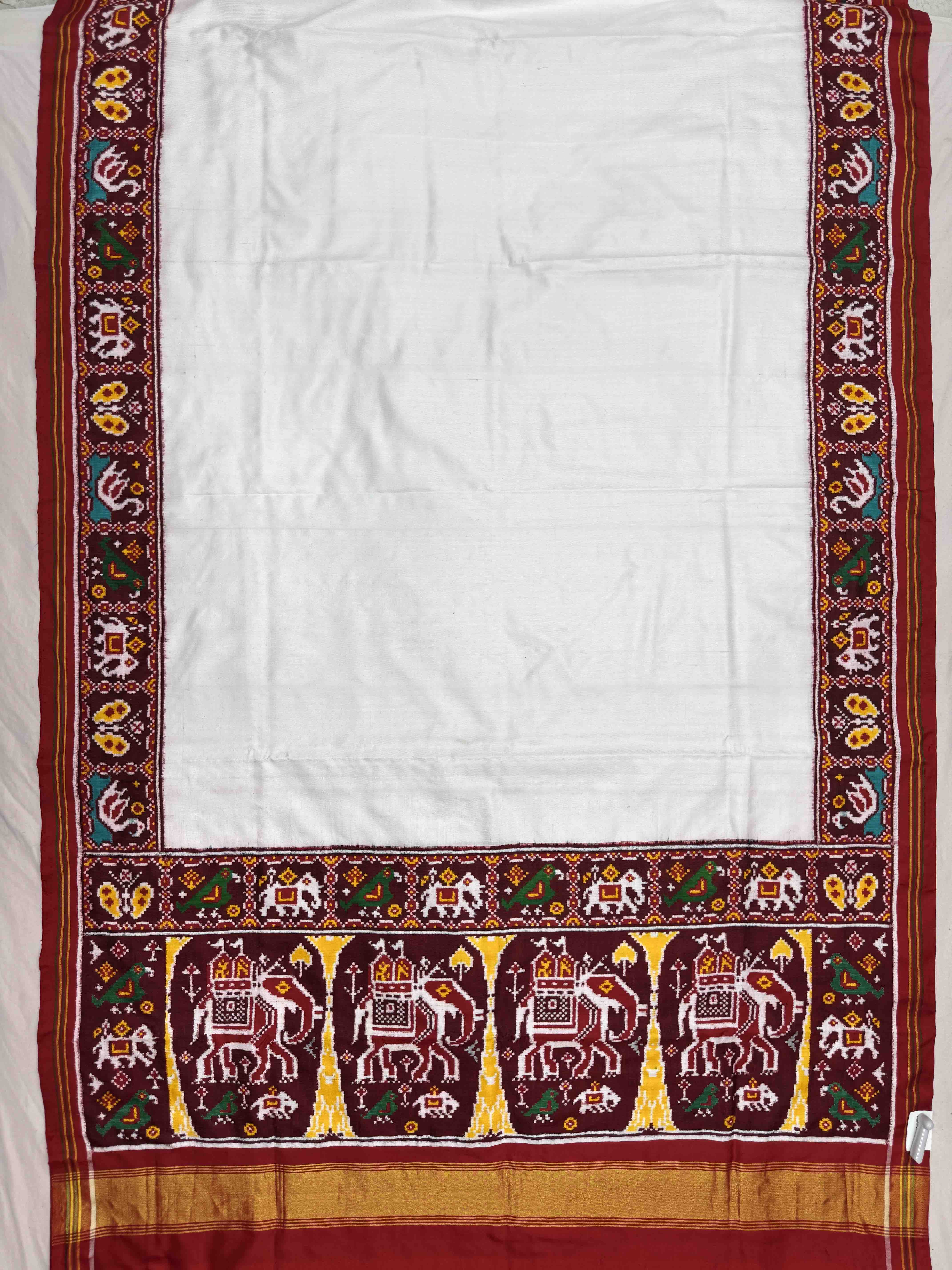 Red & White Plain Double Ikat Patan Patola Saree
