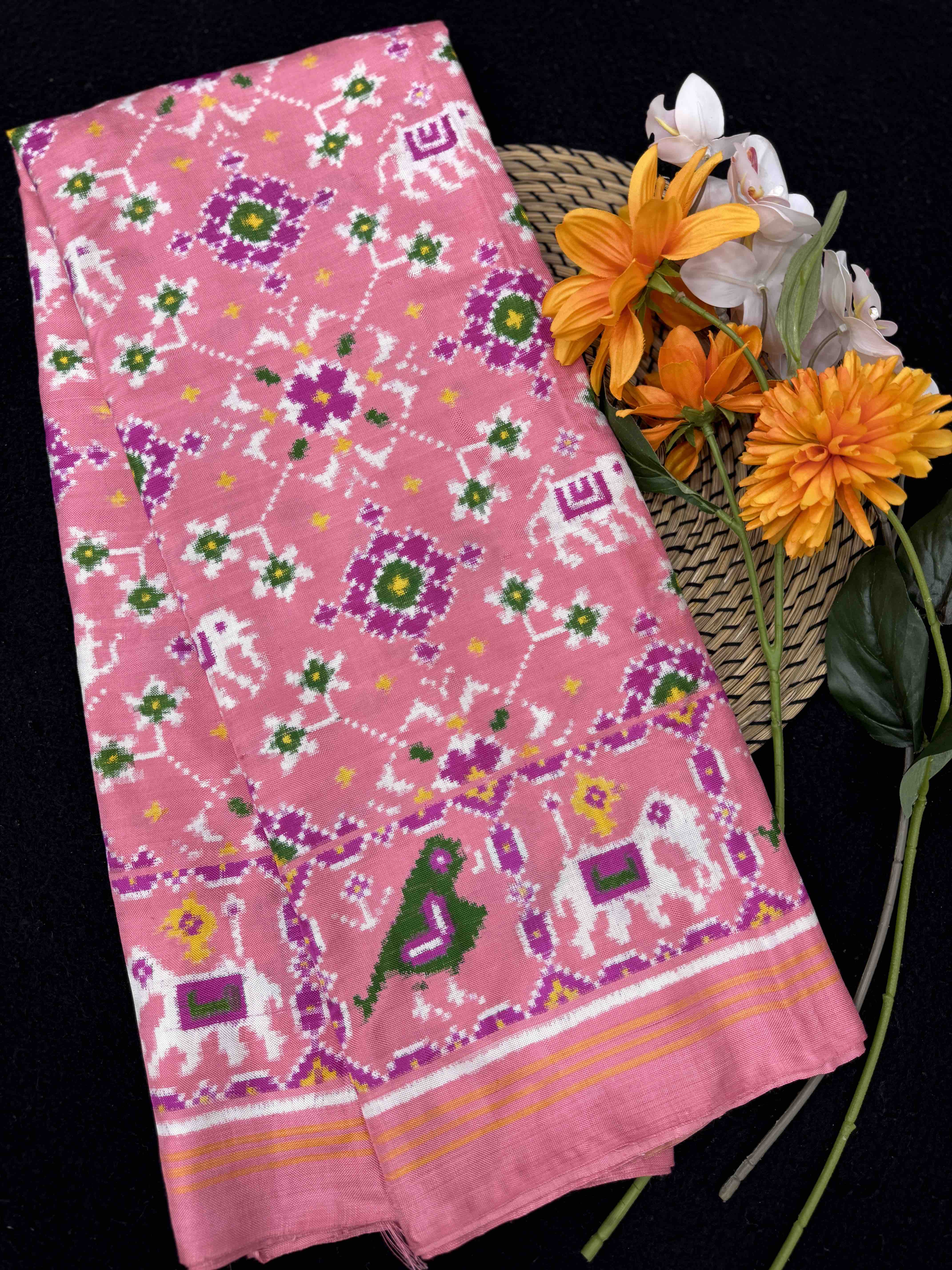 Light Pink Navratan Elephant Double Ikat Patan Patola Saree