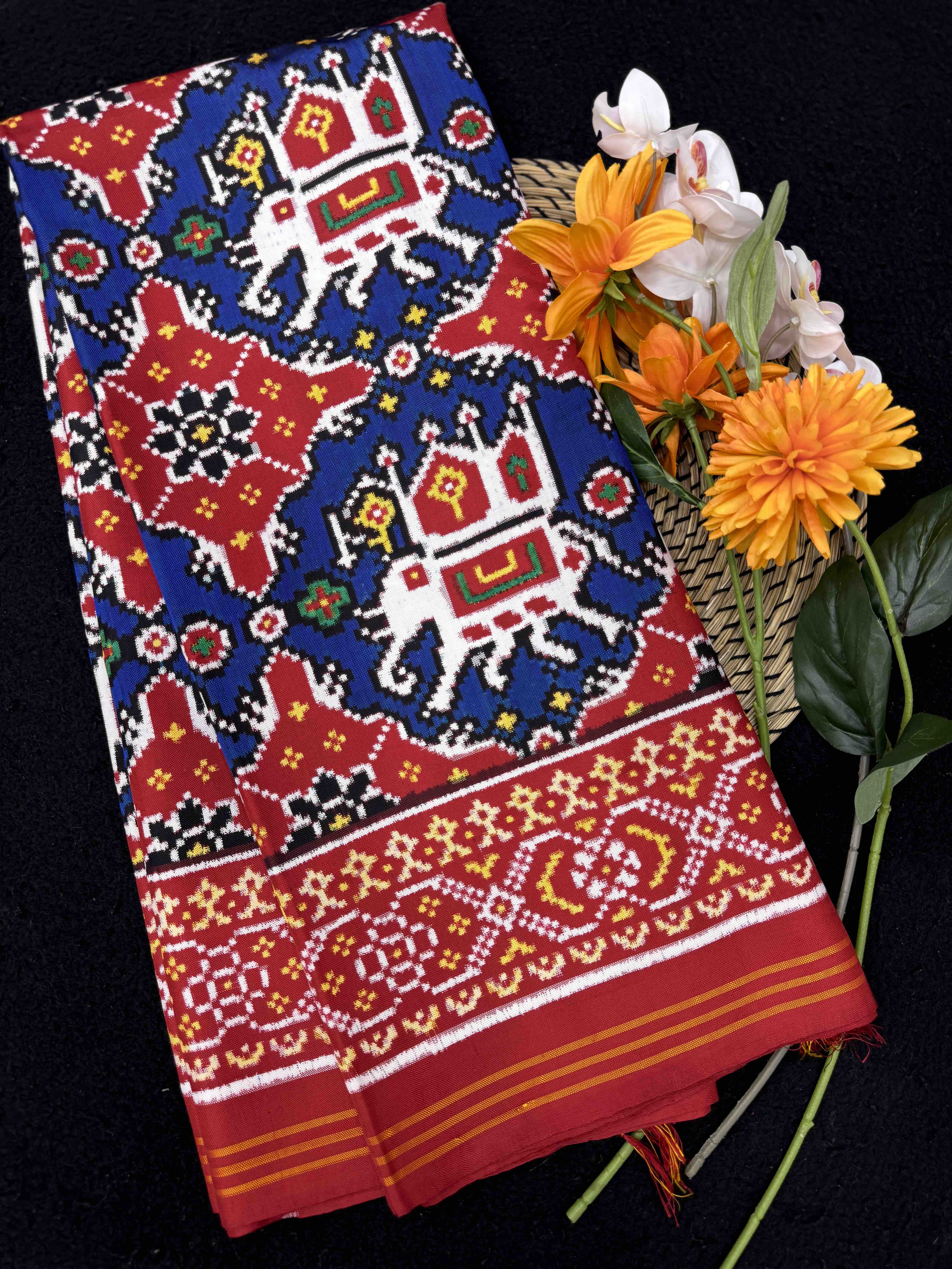 Red & Blue Elephant Chhabdi Double Ikat Patan Patola Saree