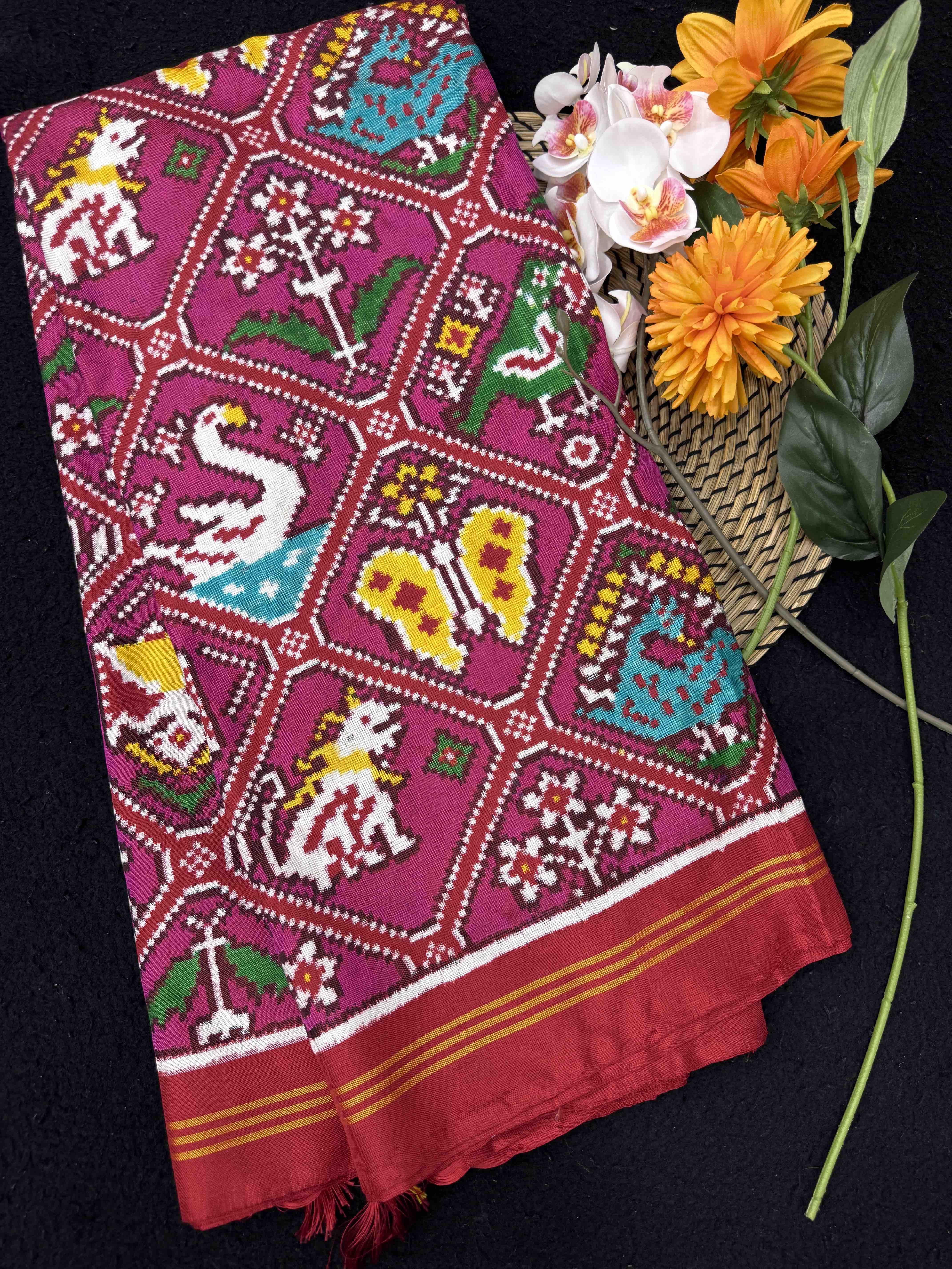 Red & Pink Narikunj Double Ikat Patan Patola Saree