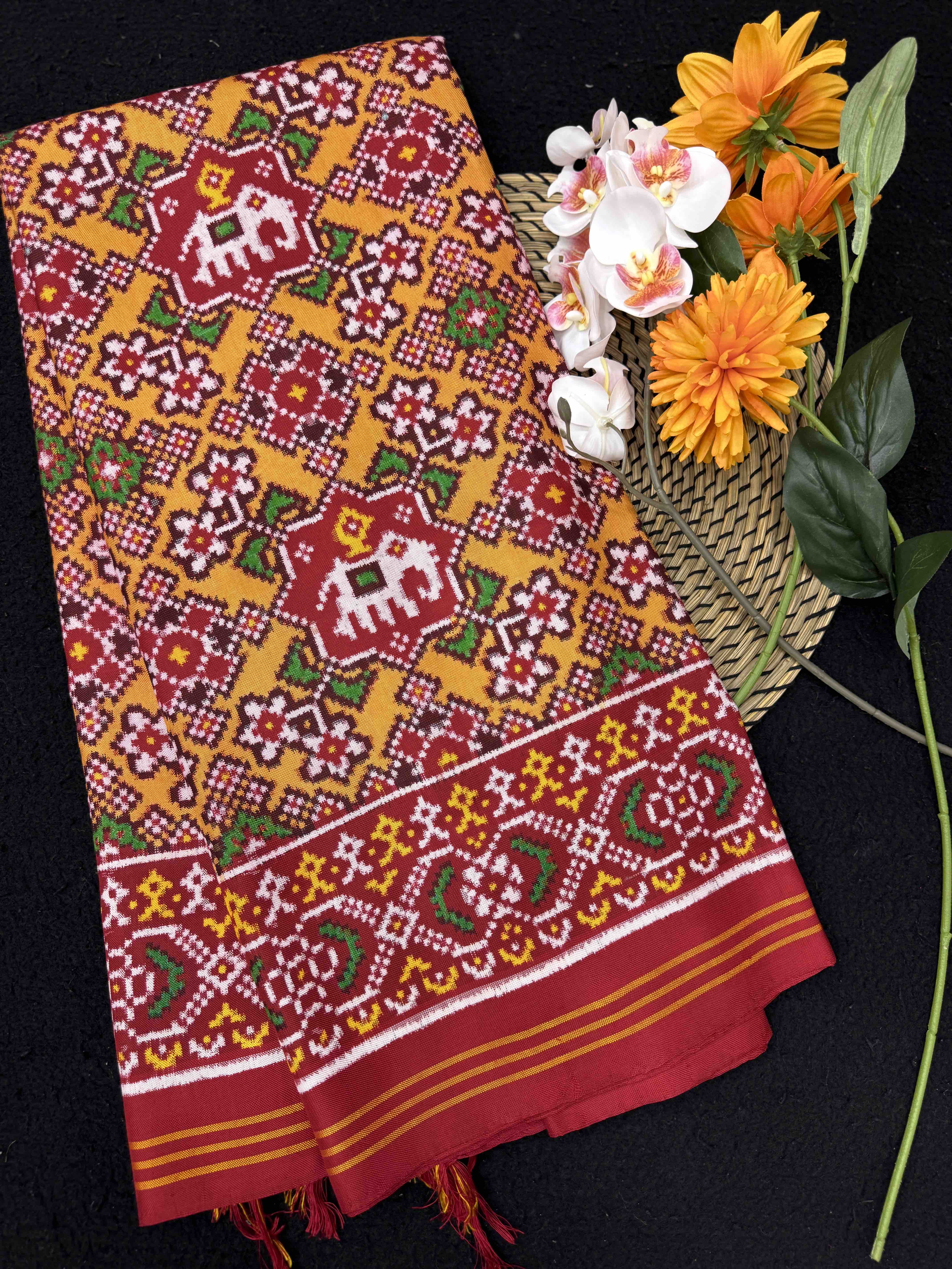 Red & Yellow Navratan Elephant Double Ikat Patan Patola Saree