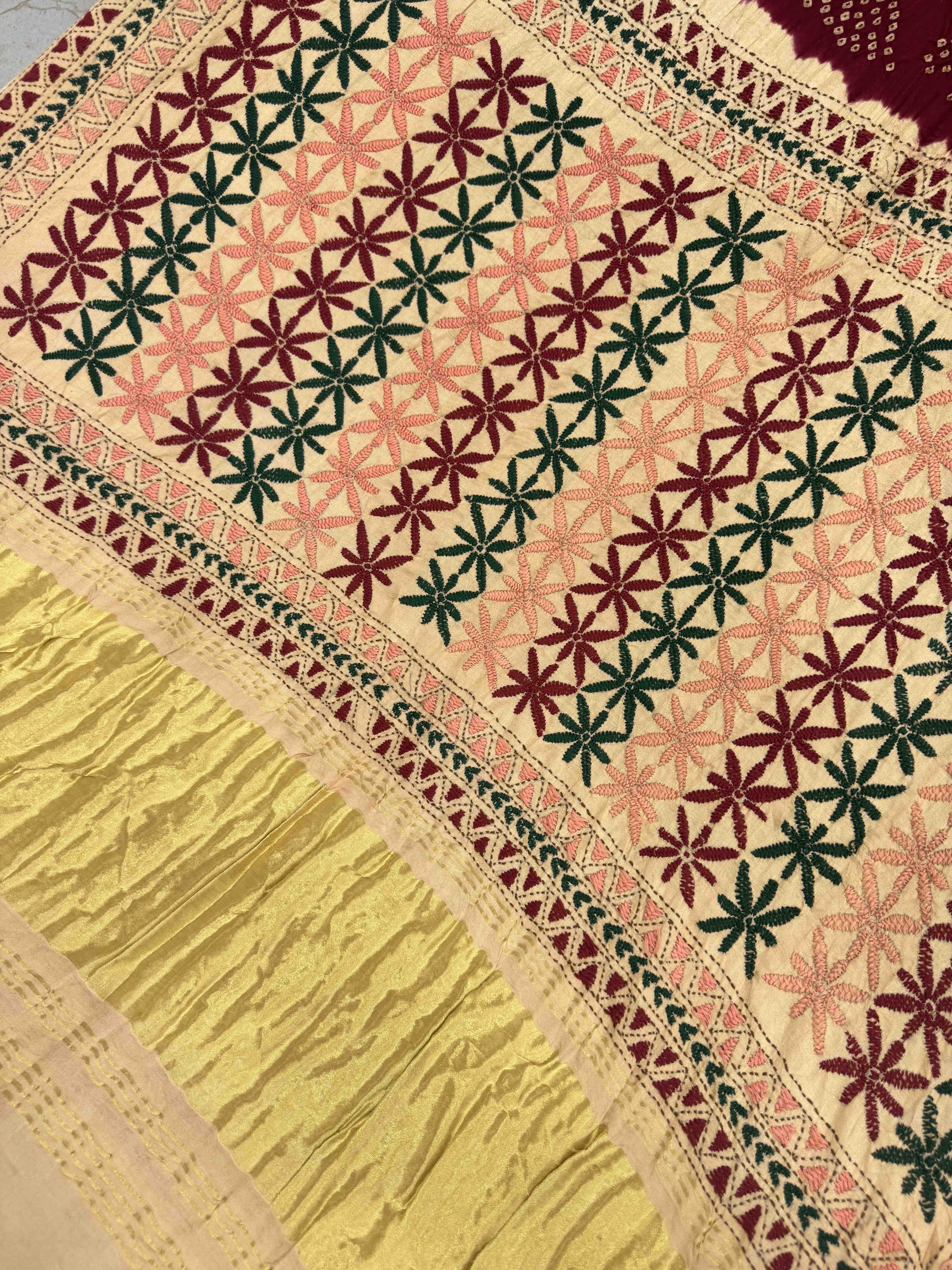 Maroon & Cream Gajji Silk with Kantha Work in Border Pallu Bandhani Saree