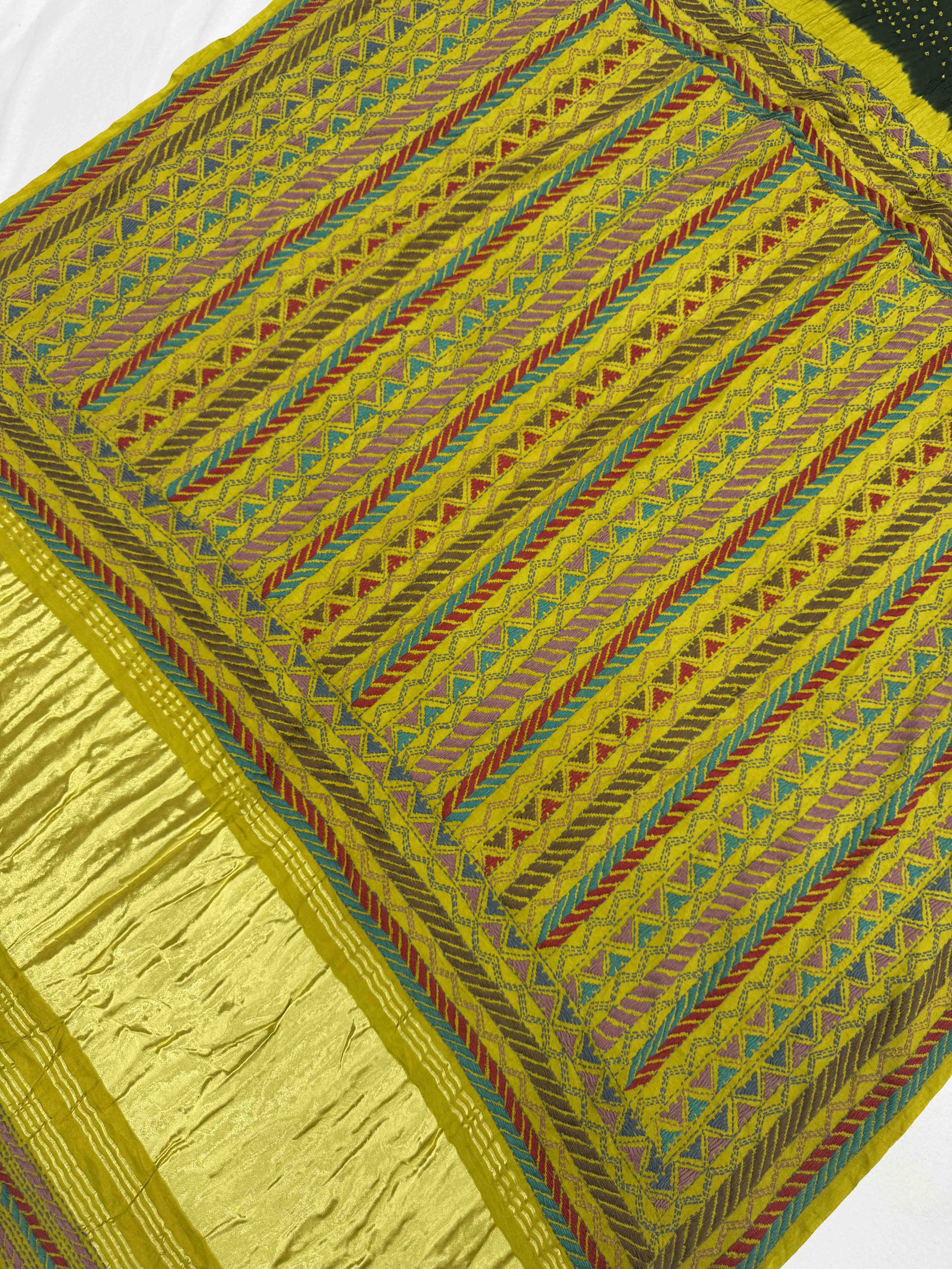 Mustard Yellow & Dark Green Gajji Silk with Kantha Work in Border Pallu Bandhani Saree
